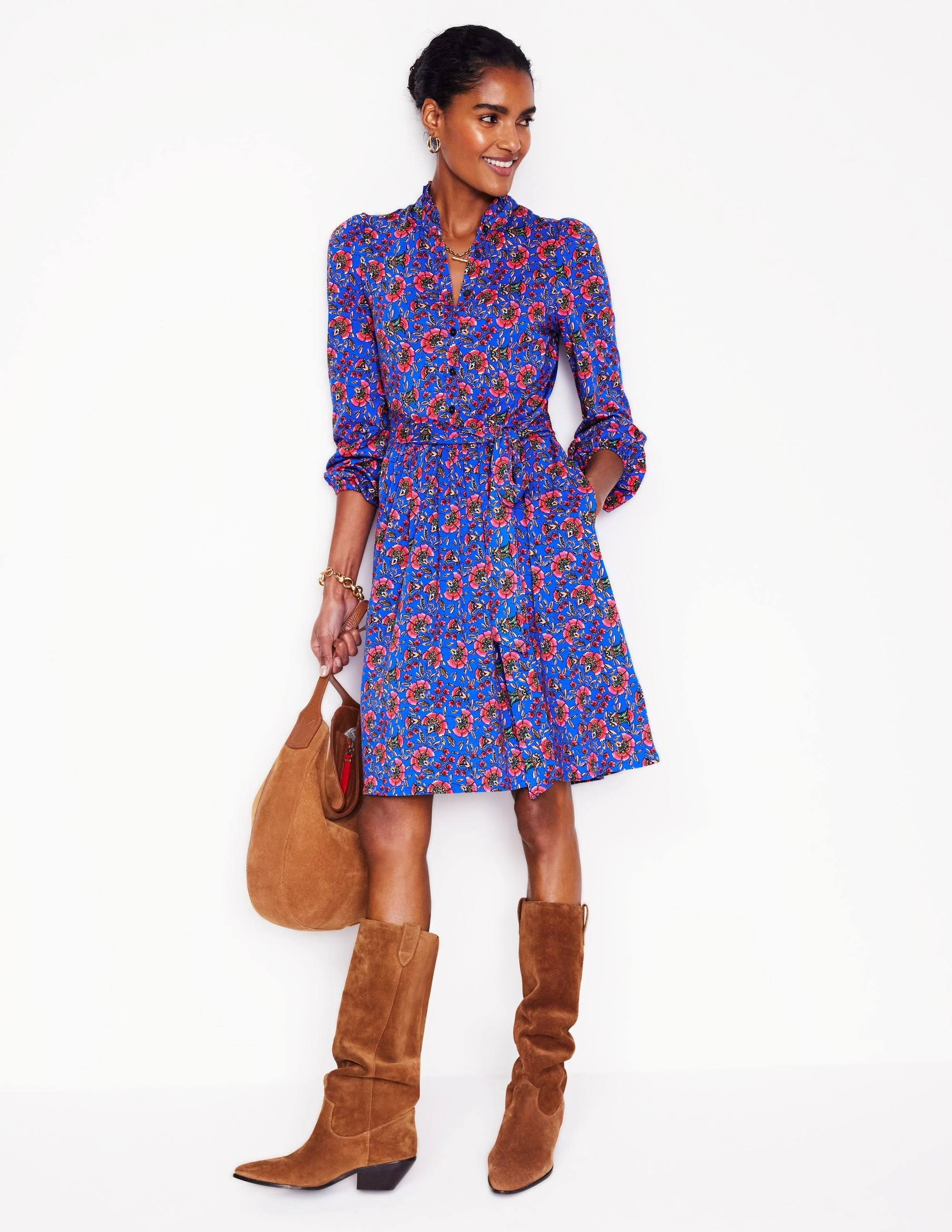 Polished Details Relaxed Design Willow Ruffle Neck Shirt Dress-Gallery Blue, Decorative Vine