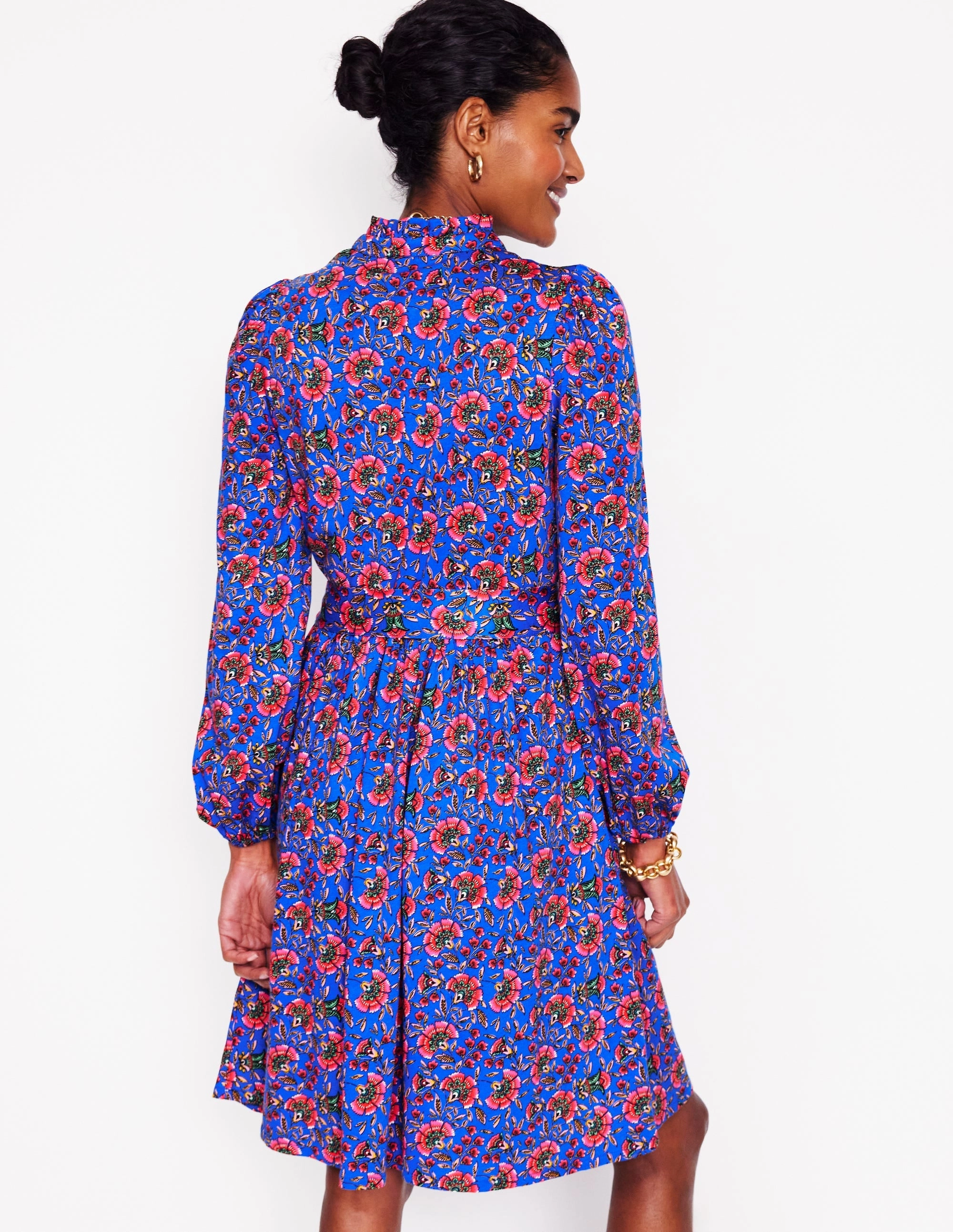 Lounge Style Willow Ruffle Neck Shirt Dress-Gallery Blue, Decorative Vine