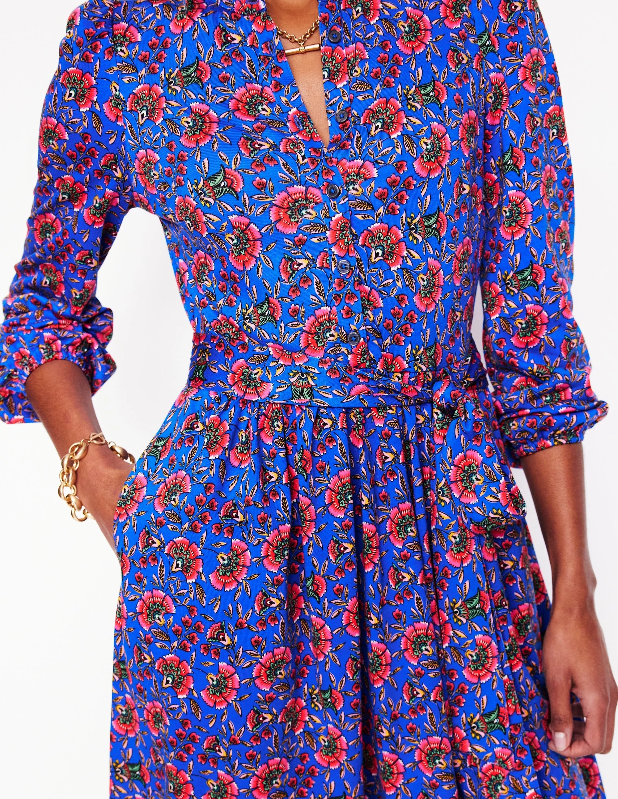 Willow Ruffle Neck Shirt Dress-Gallery Blue, Decorative Vine Sustainable-Lining