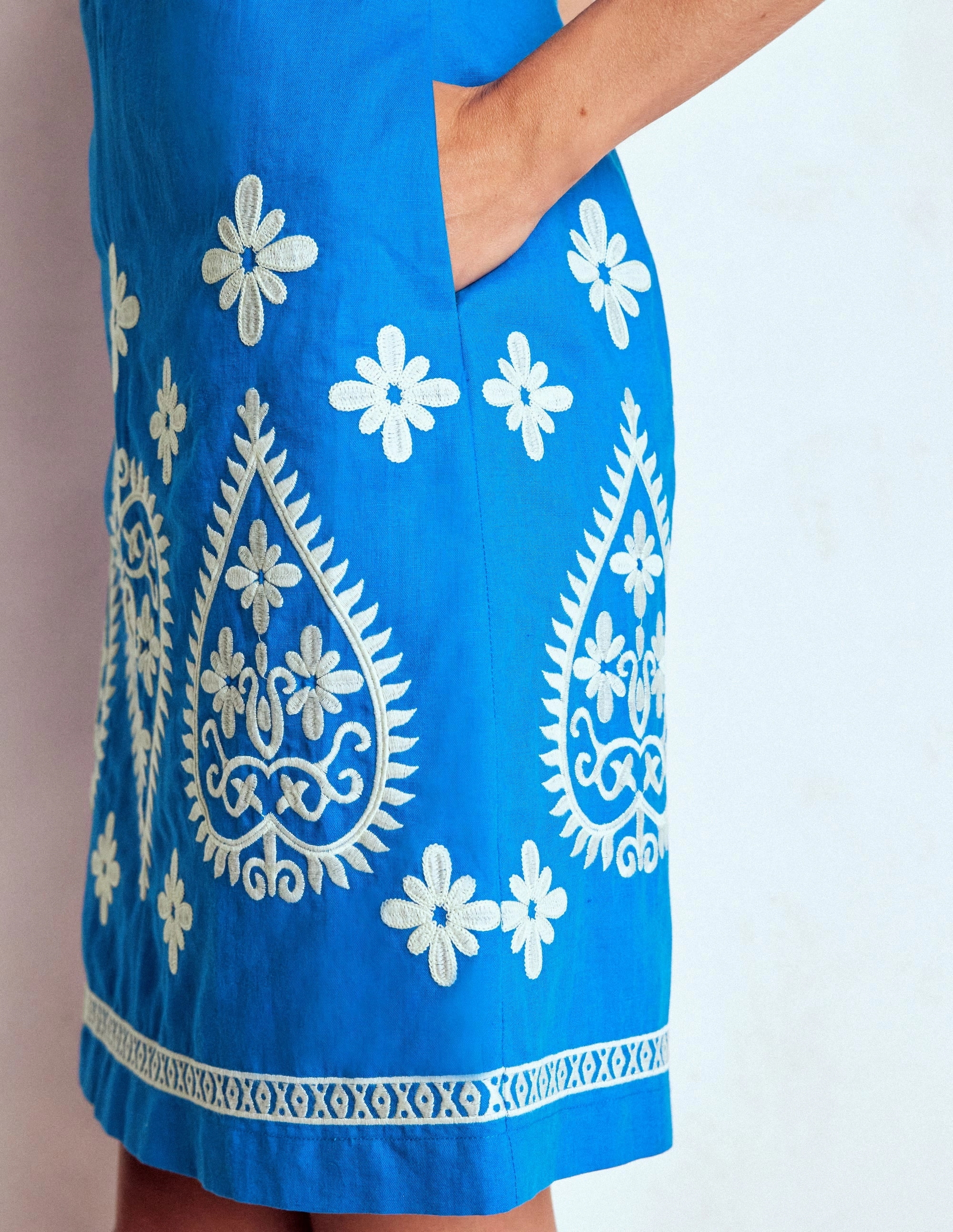 Embroidered Linen Shift Dress-Kingfisher Blue Relaxed-fit