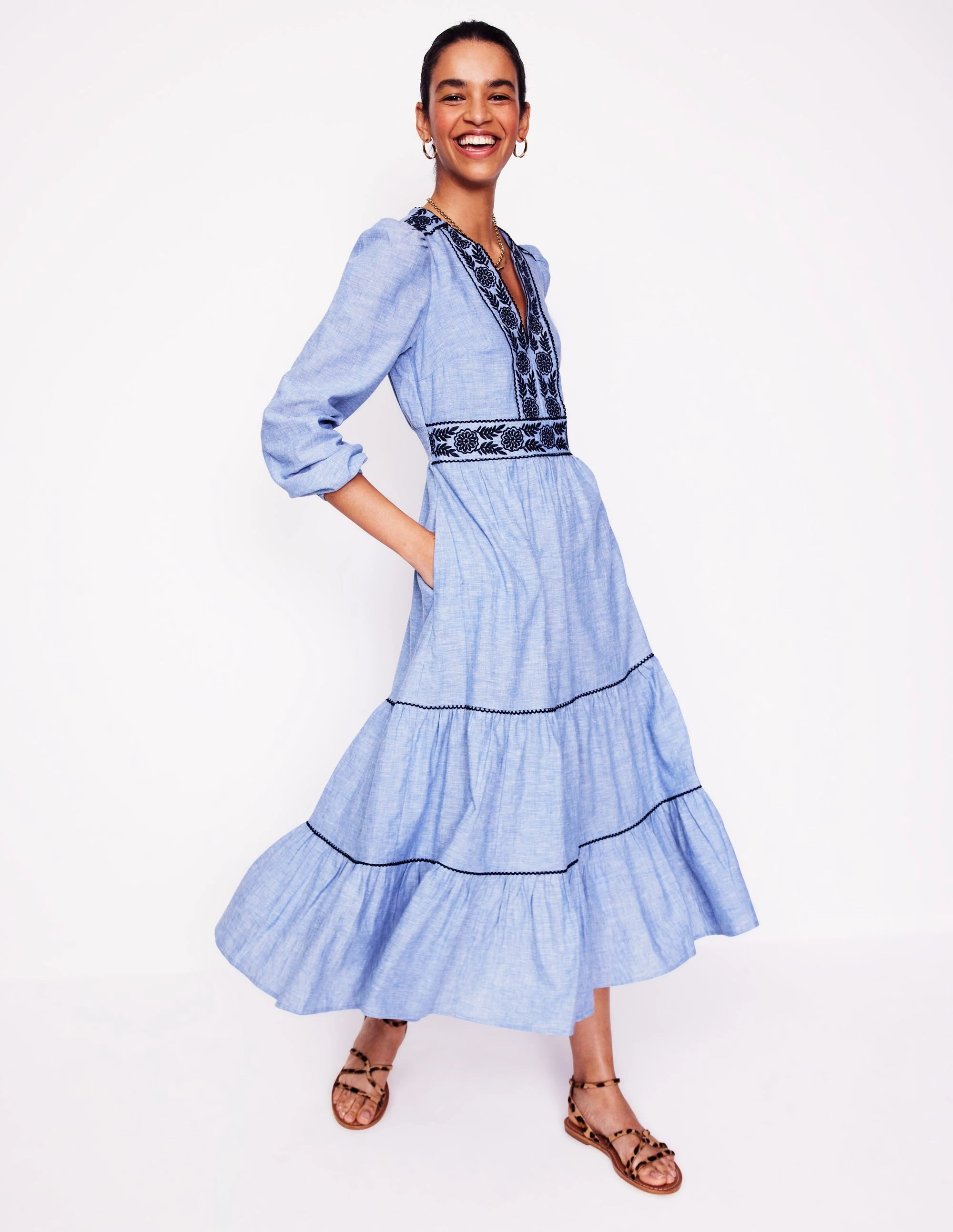 Violet Linen Blend Midi Dress-Chambray Comfy Fit Wear