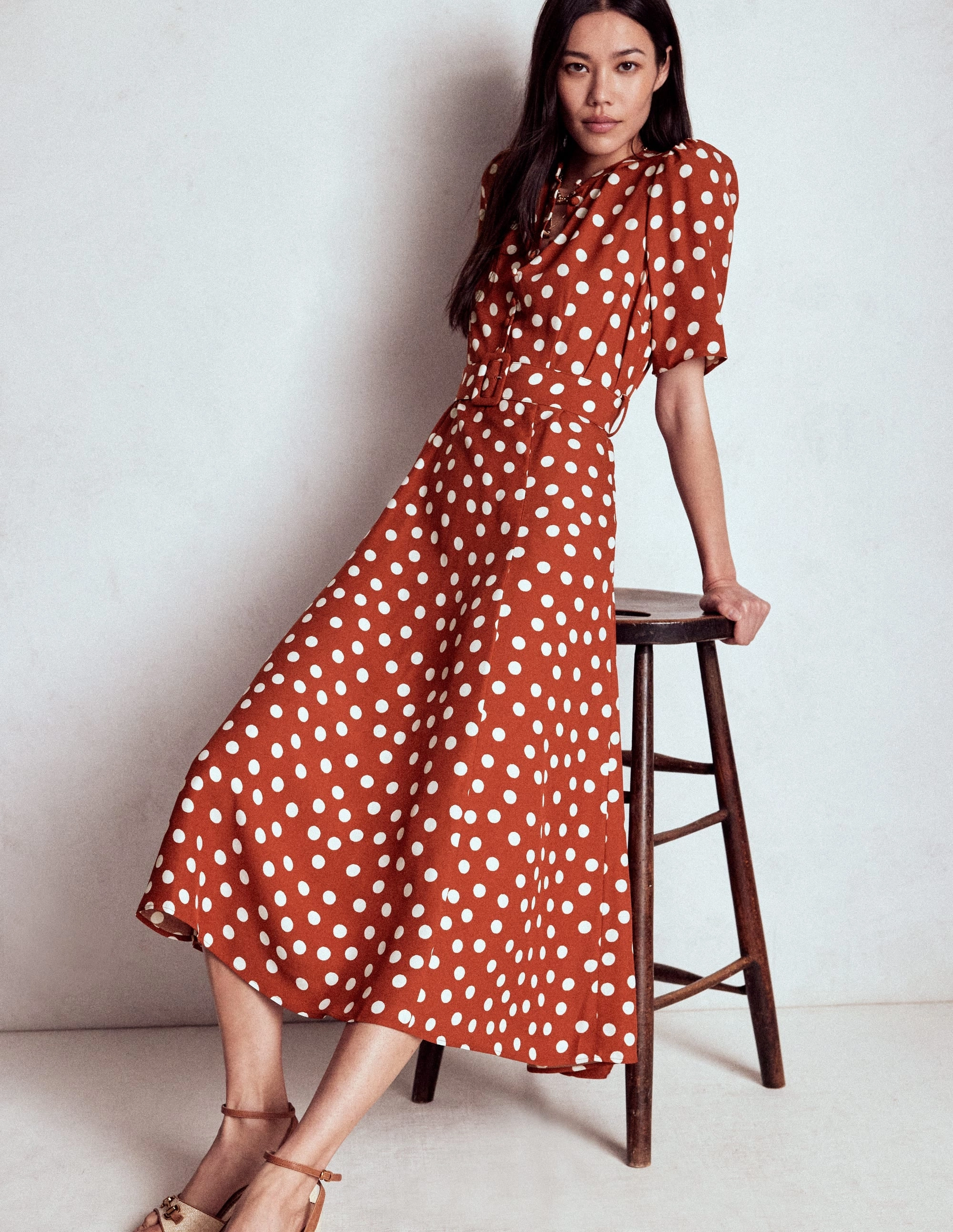 Kate Puff Sleeve Belted Dress-Roasted Chestnut, Painted Dot Morning Glow