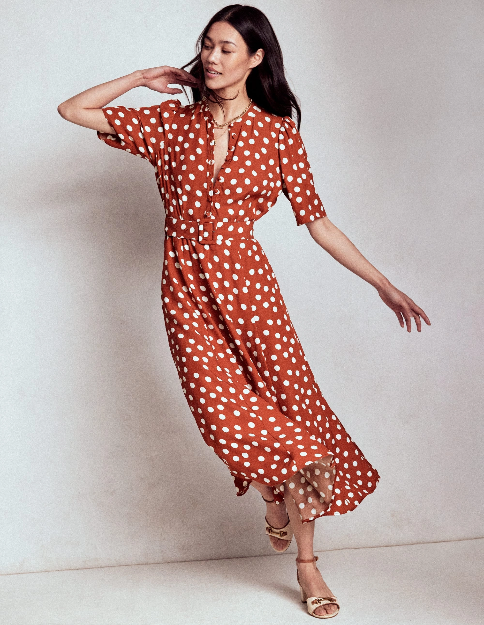 Comfort waistband Minimalist fit-and-flare Kate Puff Sleeve Belted Dress-Roasted Chestnut, Painted Dot