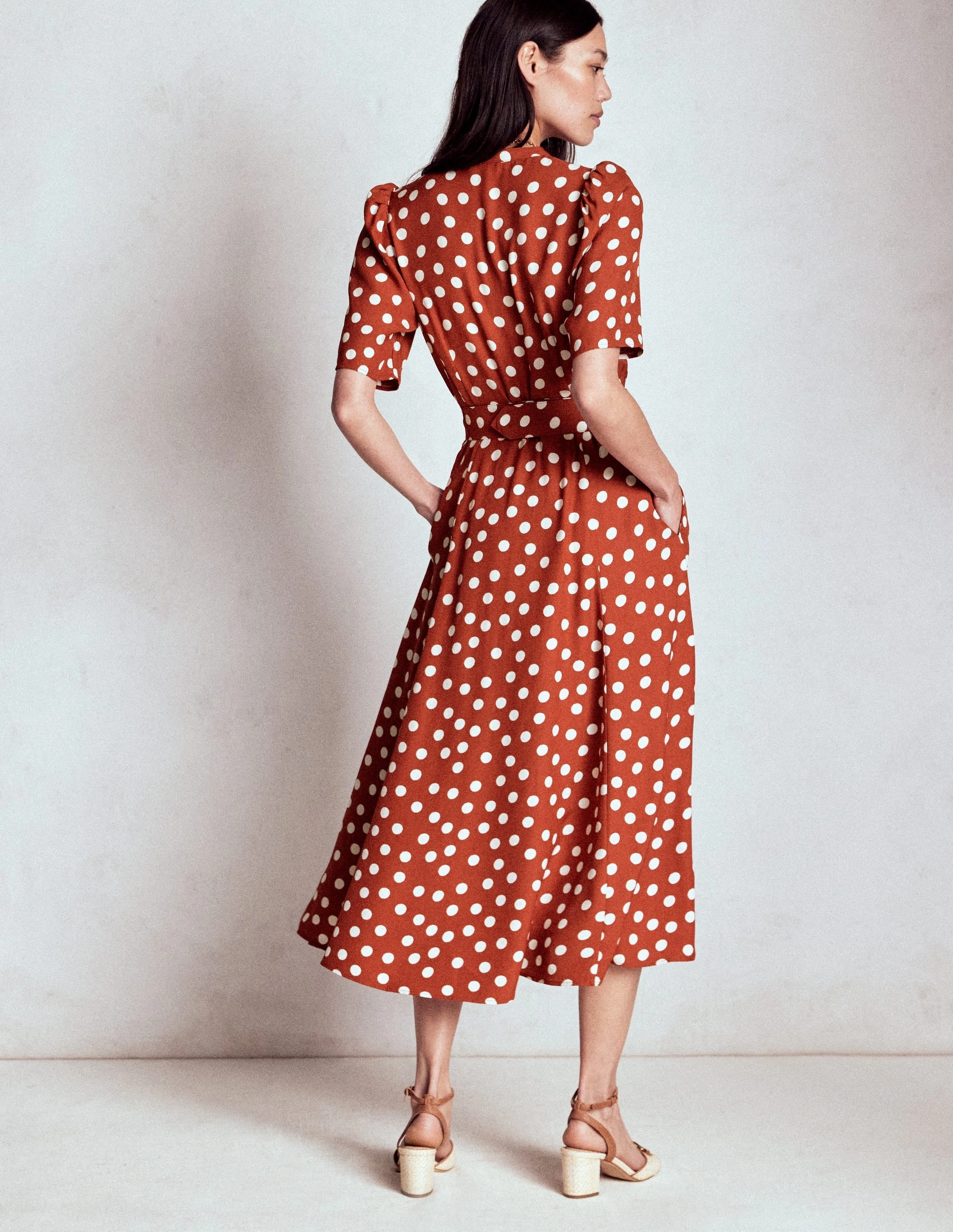Kate Puff Sleeve Belted Dress-Roasted Chestnut, Painted Dot Polite Vibe Soft Shine