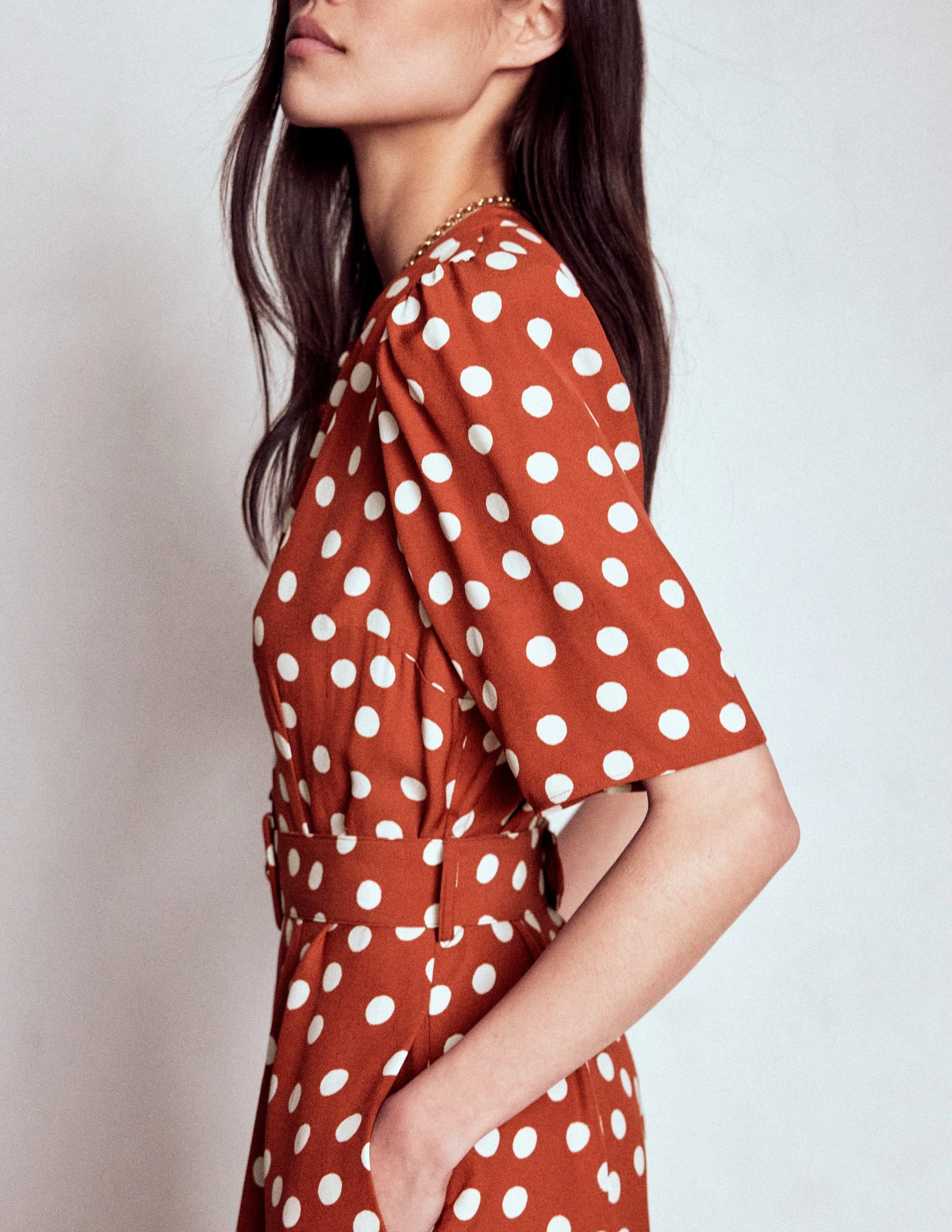 Kate Puff Sleeve Belted Dress-Roasted Chestnut, Painted Dot Glossy Detail Trend Appeal