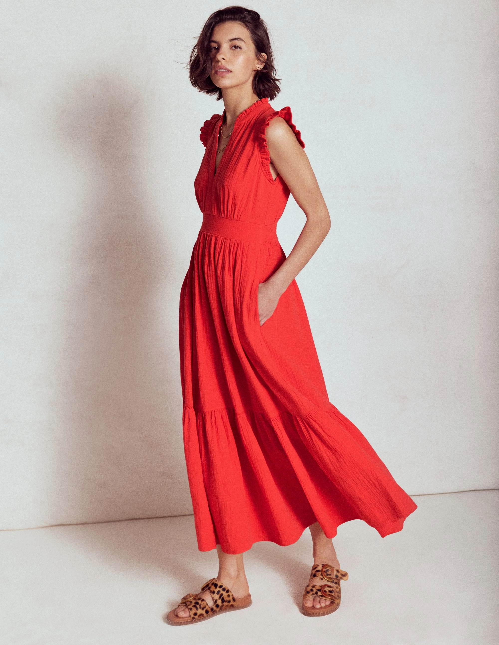 Wren Double Cloth Midi Dress-Strawberry Tart Red Tailored Waistband Muted Tones