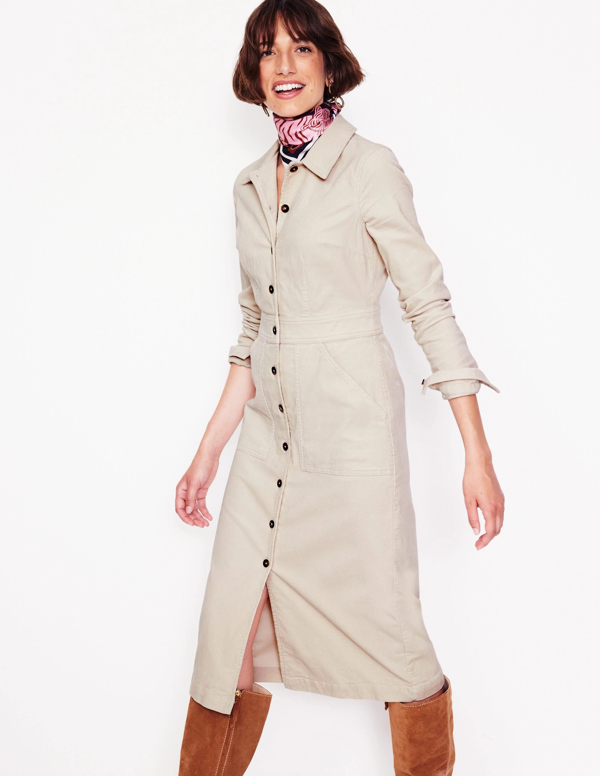 Button Accent Timeless office dress Flora Cord Midi Shirt Dress-Almond Peach