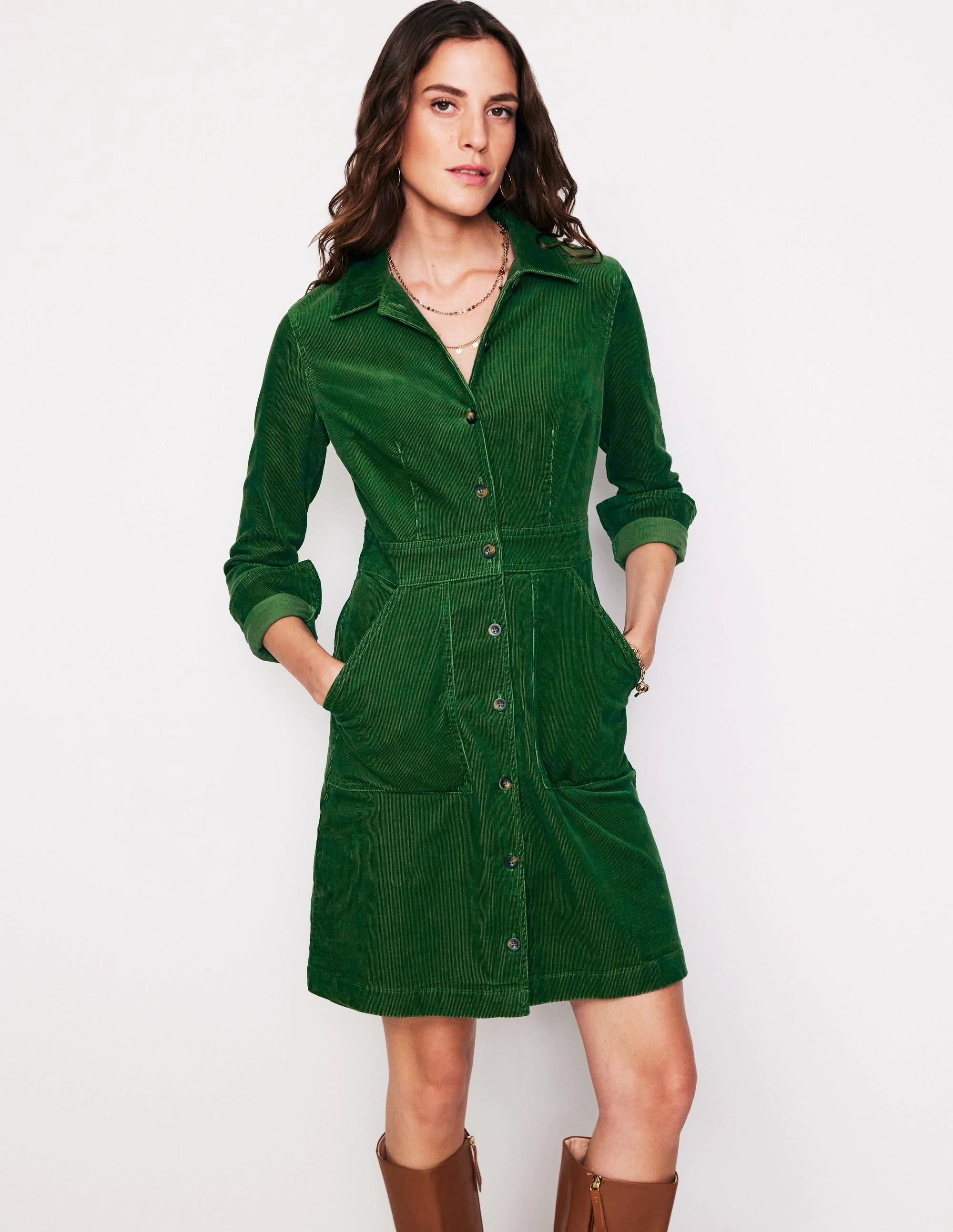 Striped-Pattern Happy Glow Flora Cord Shirt Dress-Eden