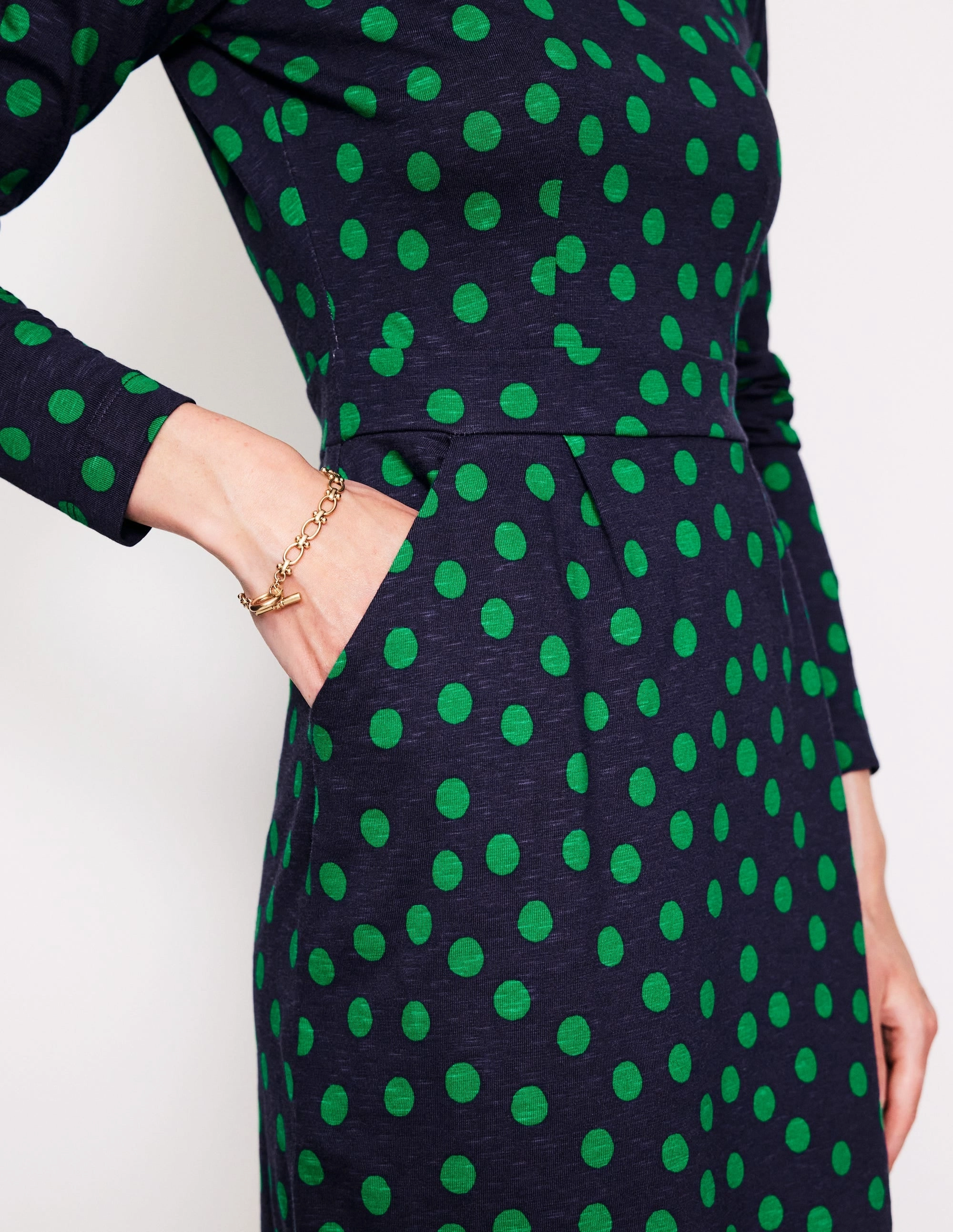 Florrie Long Sleeve Dress-Navy, Abstract Dot Sleek Draping Shine Soft