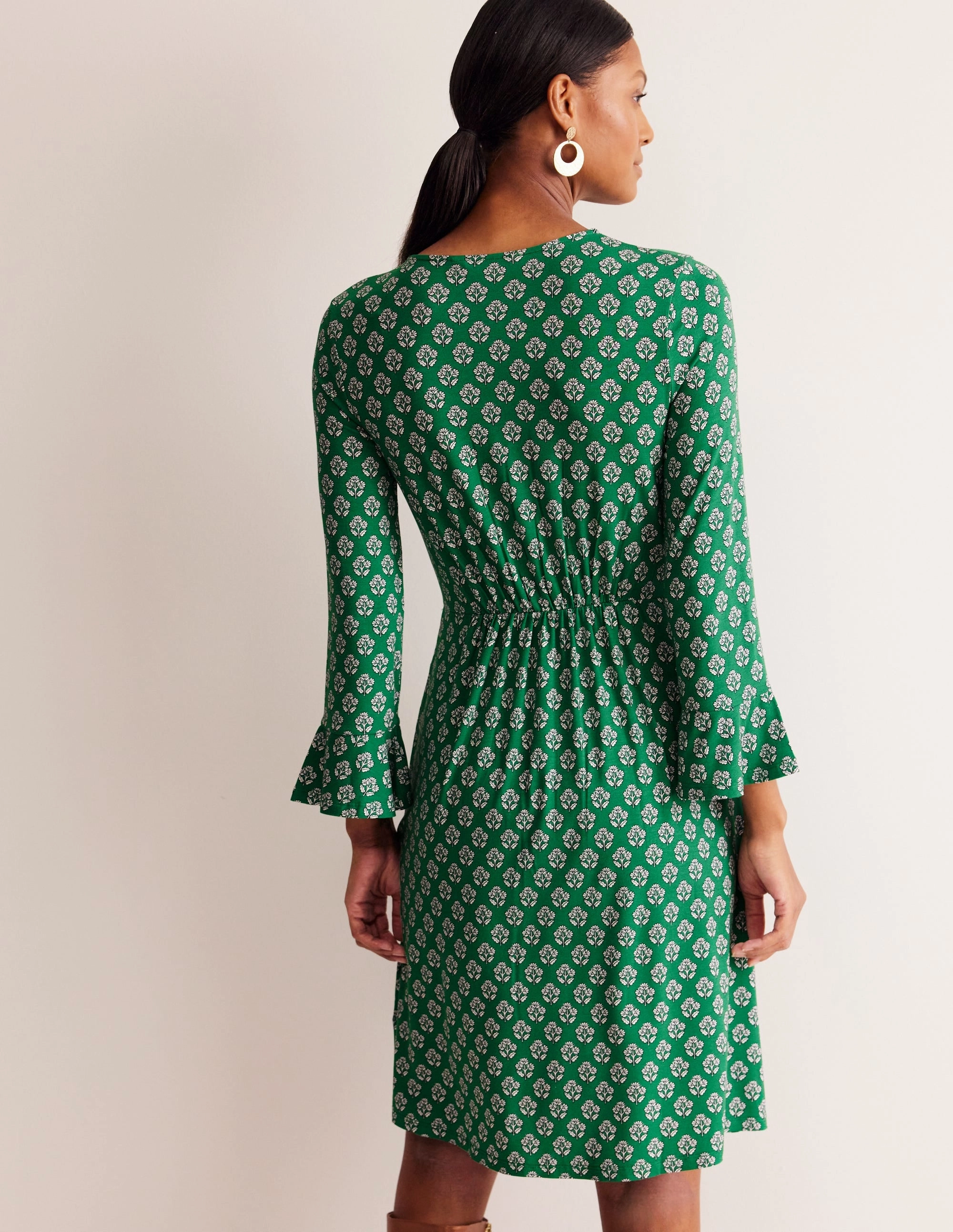 Clean Outline Flute Sleeve Jersey Dress-Rich Emerald, Pome Stamp