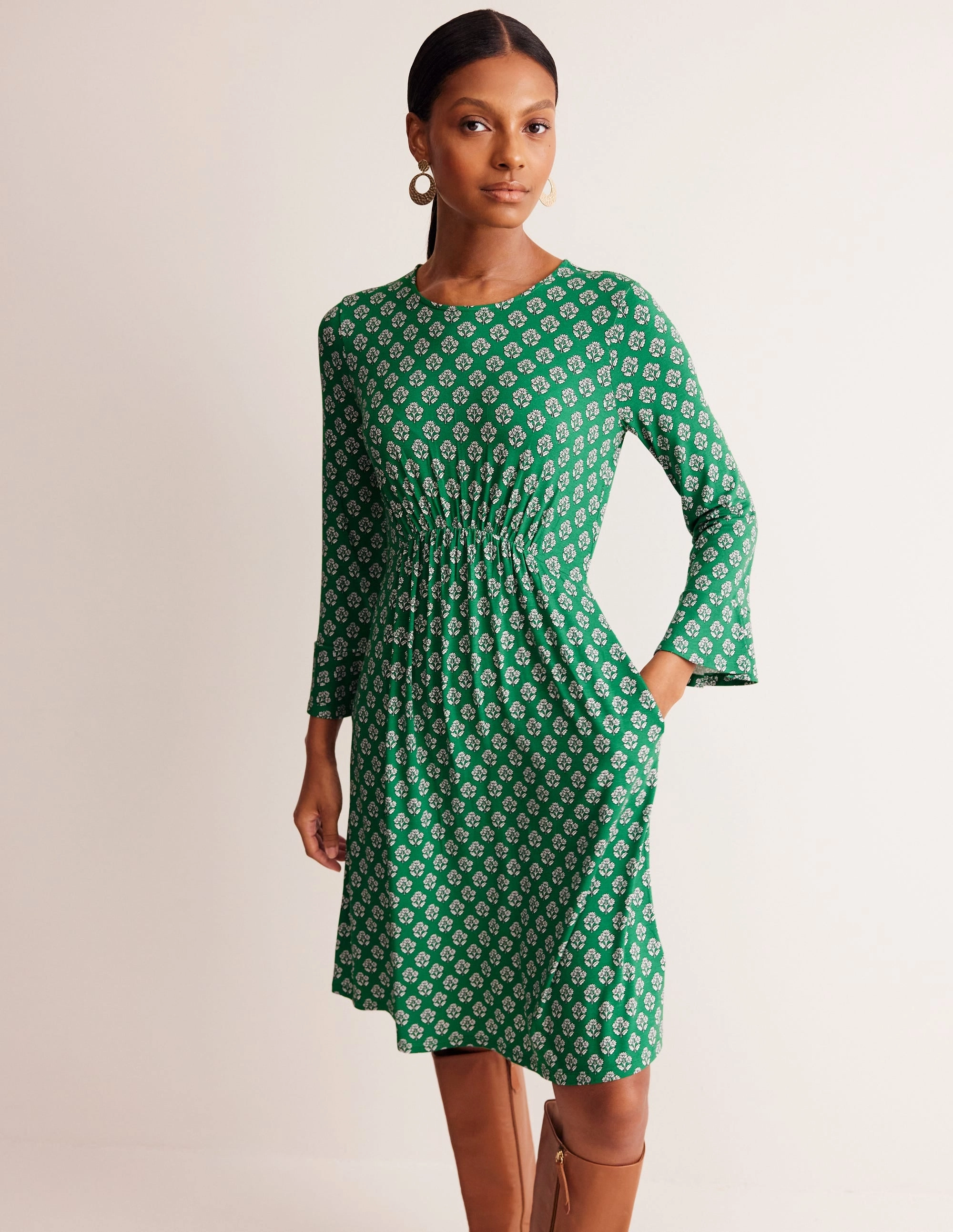 Flowy summer gown Flute Sleeve Jersey Dress-Rich Emerald, Pome Stamp