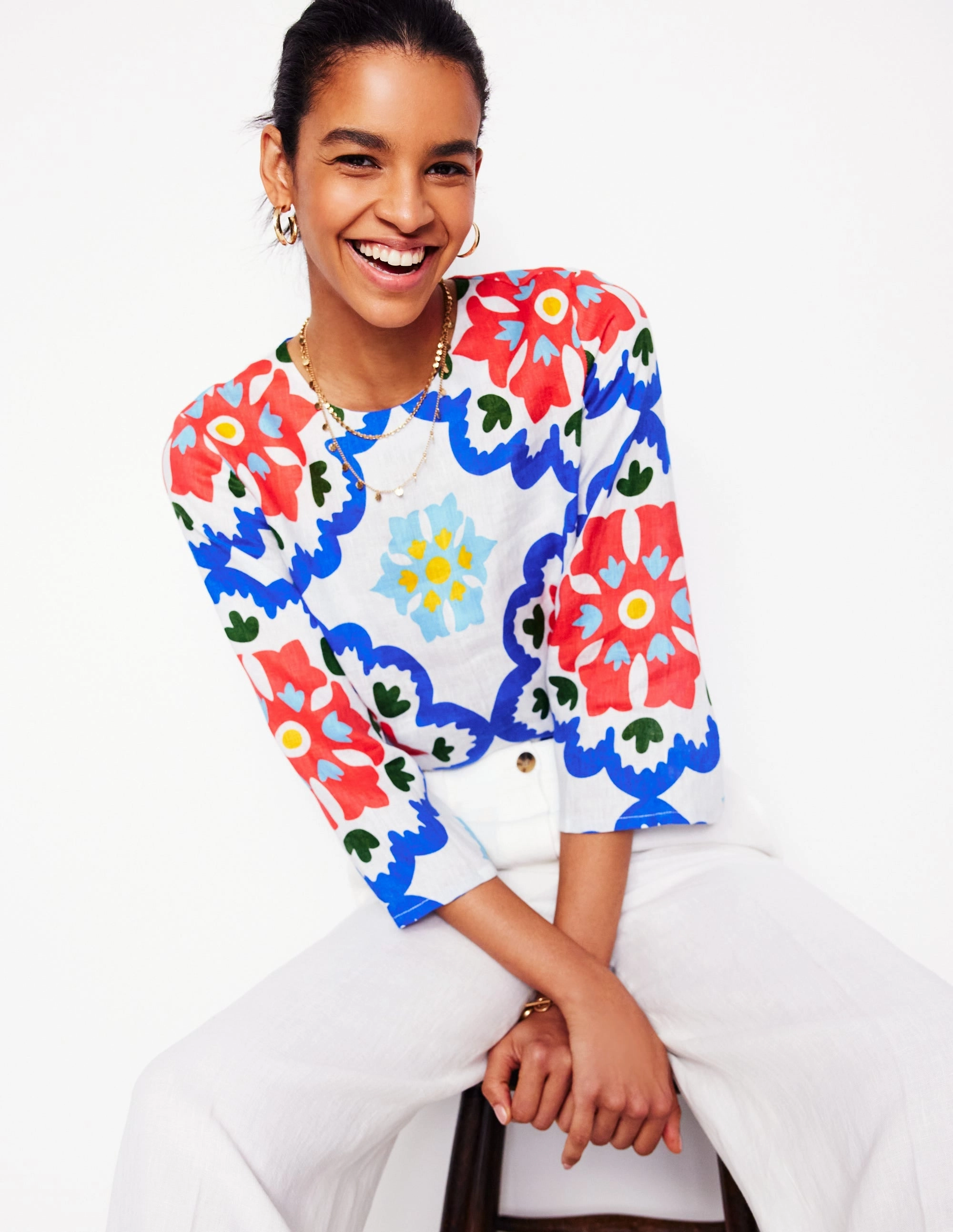 Stylish Everyday Wear Outdoor Sports Fluted Sleeve Linen Top-Ivory, Bloom Geo