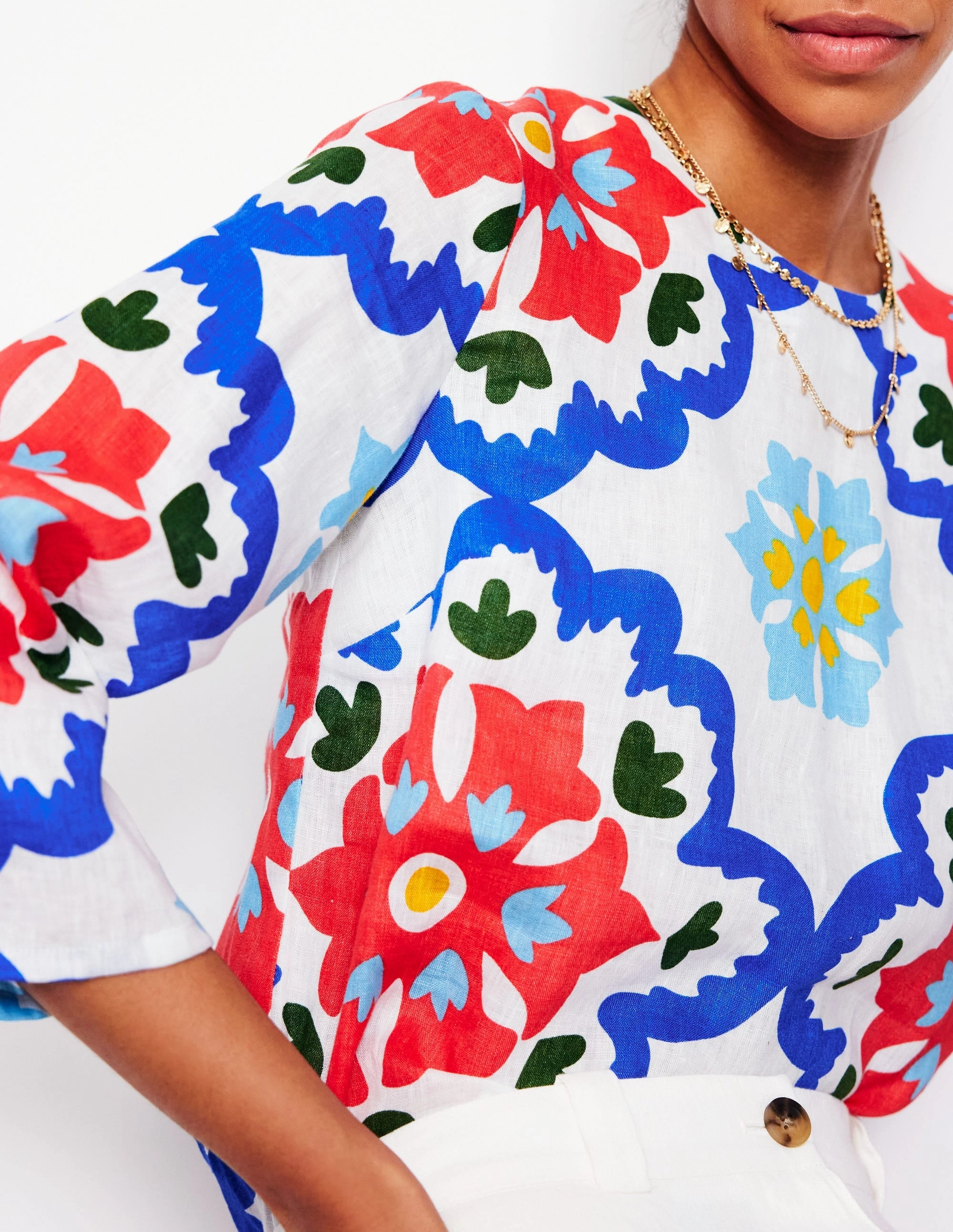 Fluted Sleeve Linen Top-Ivory, Bloom Geo Simple Wear