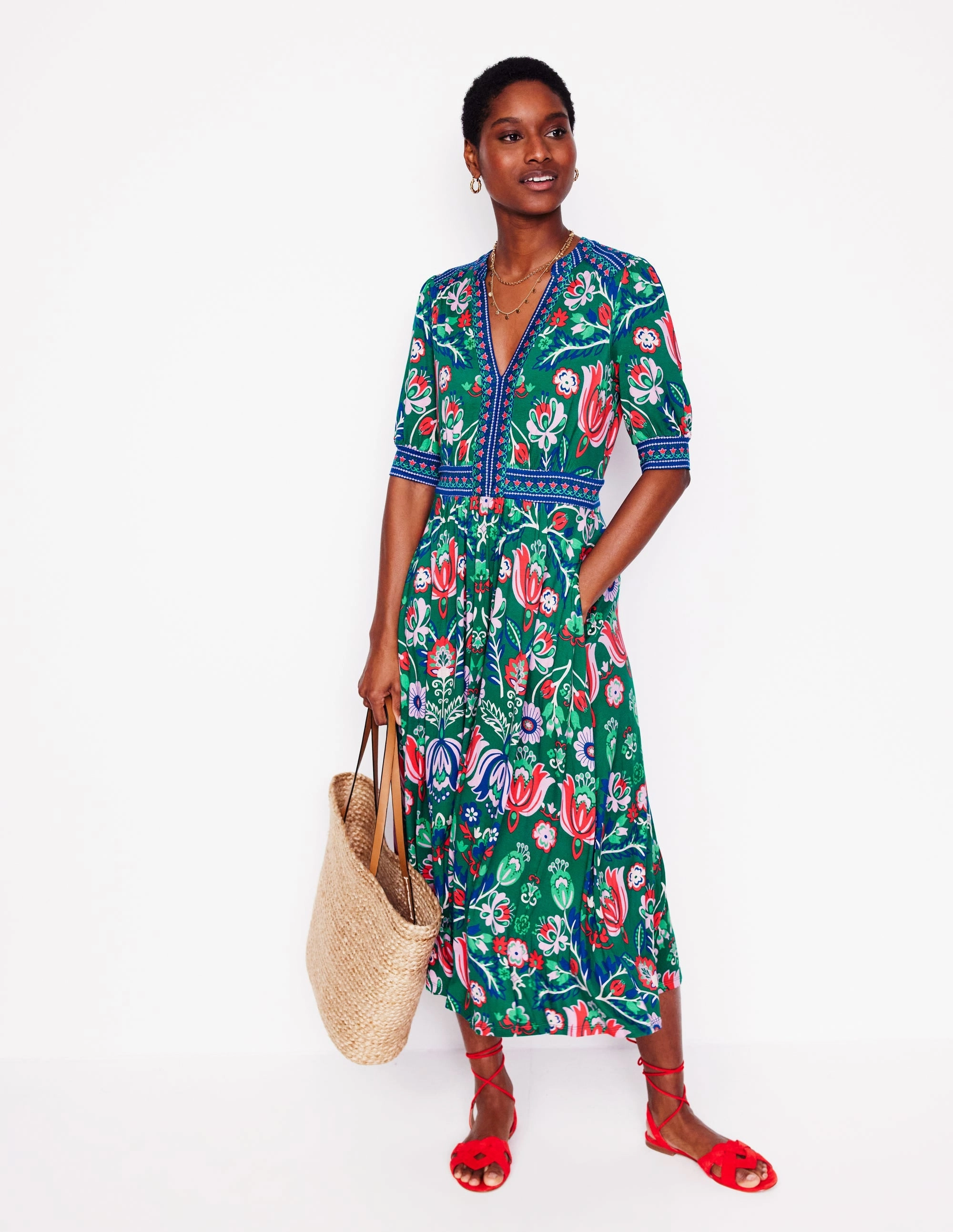 Chill Moment Move Free Lily Jersey Midi Tea Dress-Forest Grass, Tulip Fusion