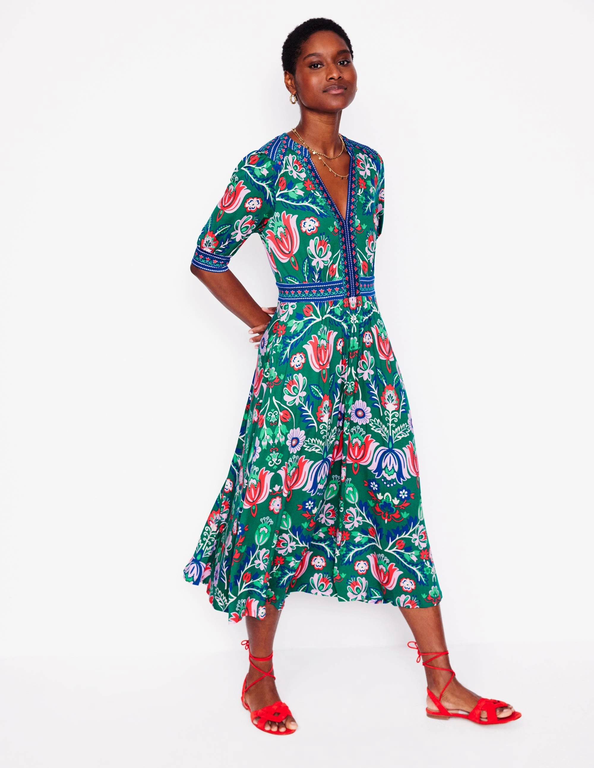 Sophisticated Wear Lily Jersey Midi Tea Dress-Forest Grass, Tulip Fusion