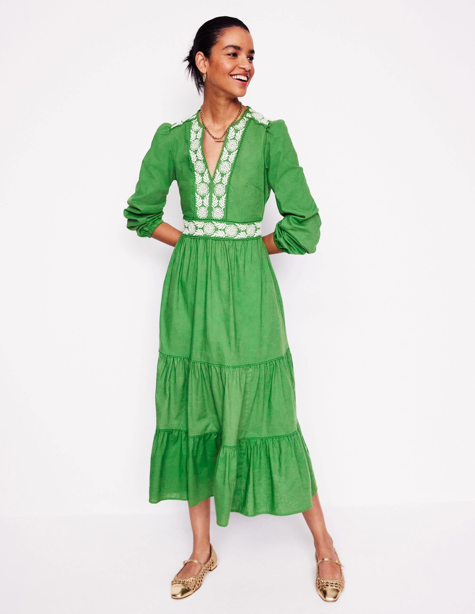 Breathable Wearable Violet Linen Blend Midi Dress-Paradise Green