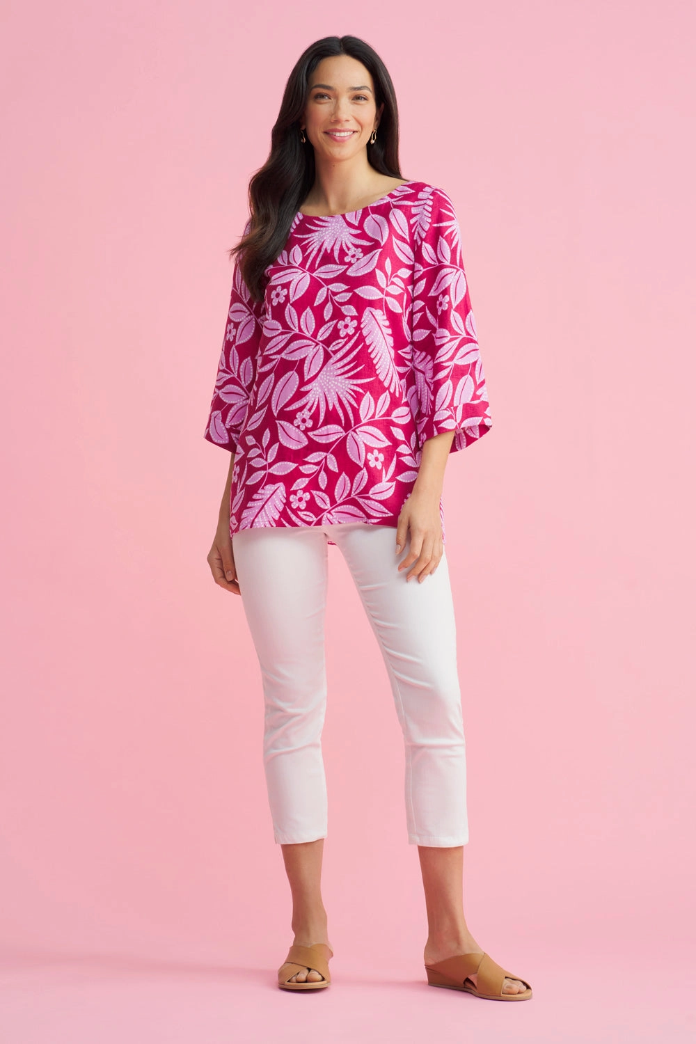 Temperature Regulating Fibers French Linen Button Detail Top - Holiday Print