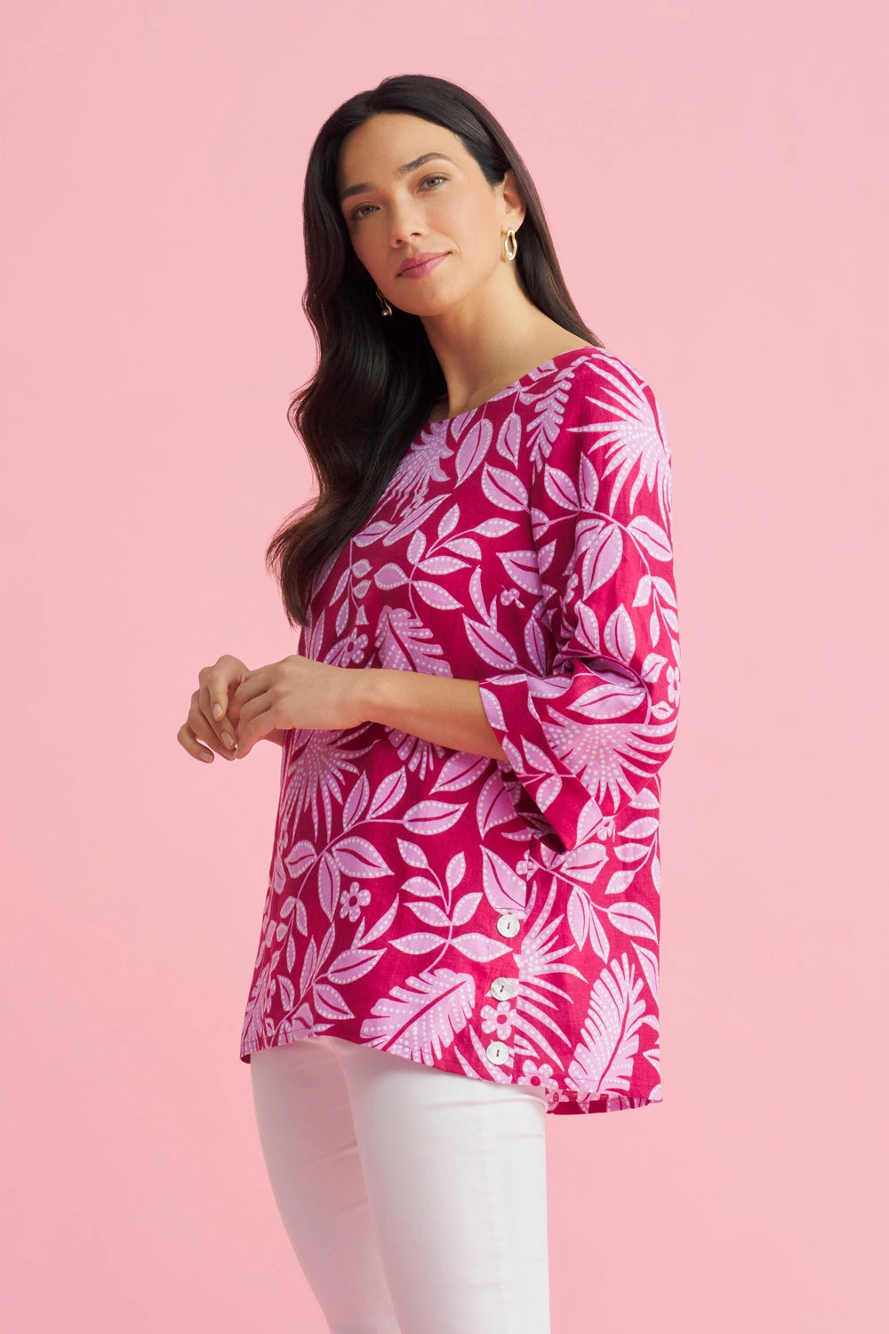 Versatile Layering Cut HypoallergenicFibers French Linen Button Detail Top - Holiday Print