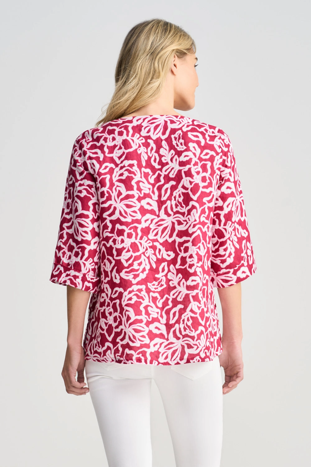 French Linen Button Detail Top - Pink White Floral Layered Collar Design Neutral Tone Stitching