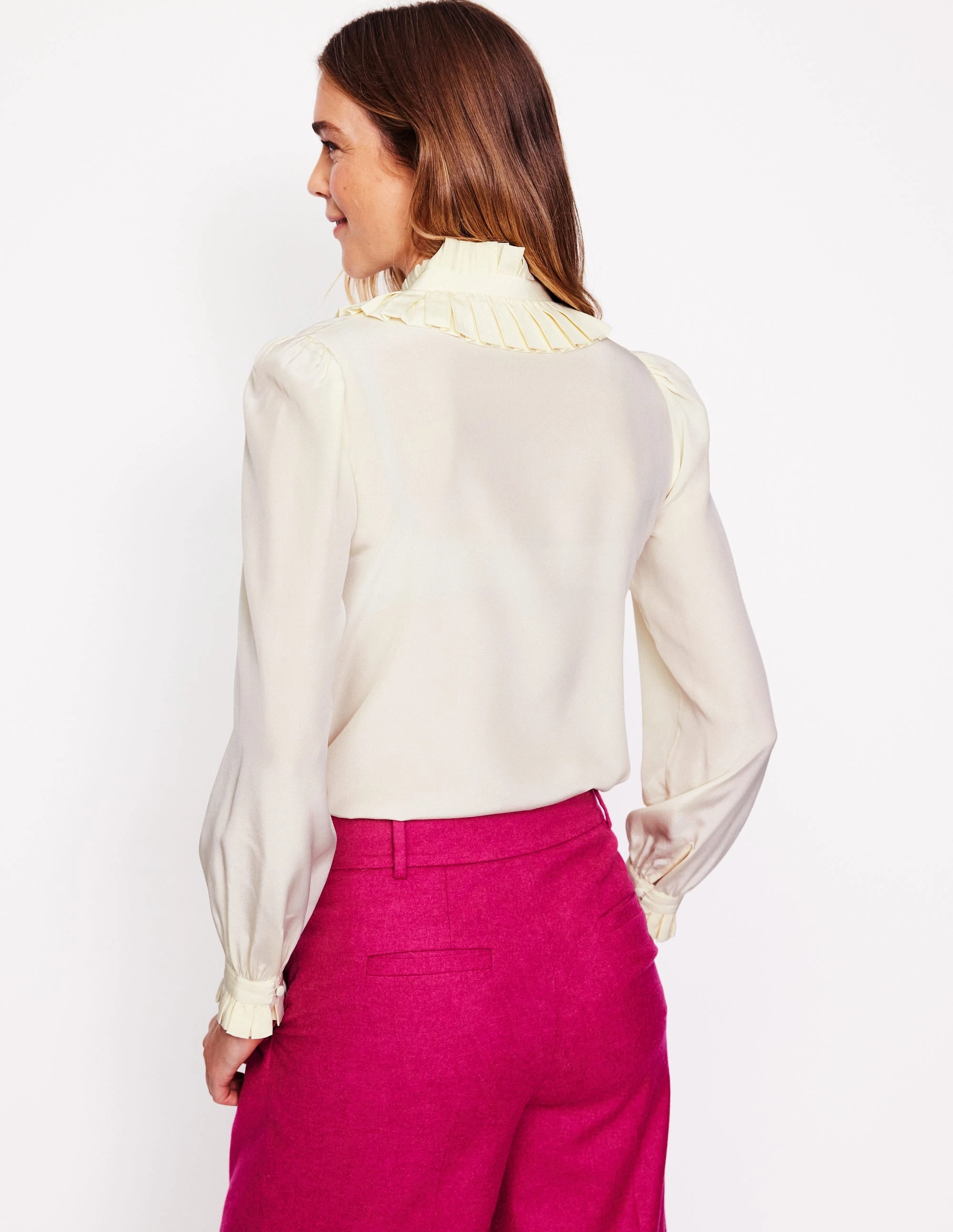 Evergreen Low Impact Manufacturing Ruffle Collar Silk Blouse-Ivory