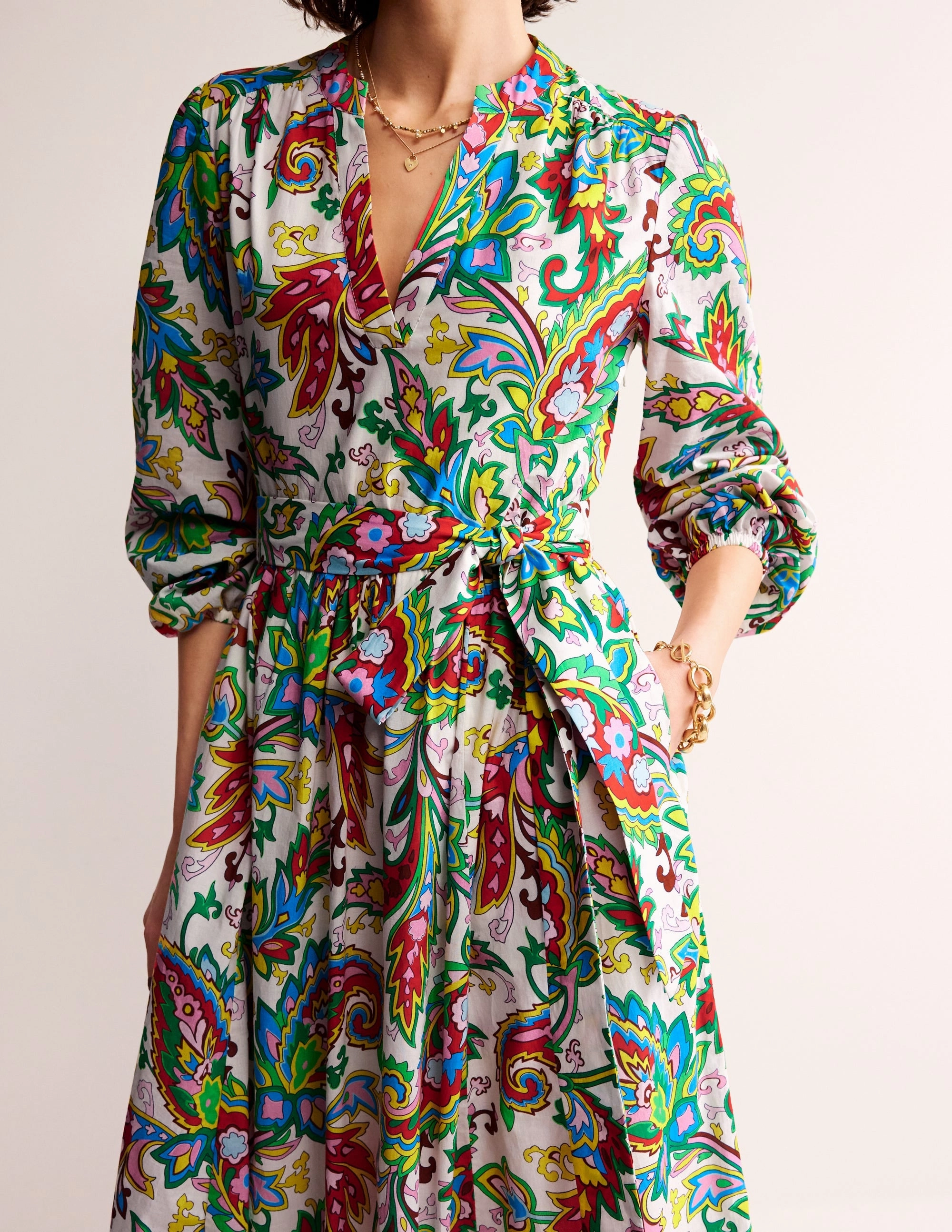 Jen Cotton Midi Dress-Ivory, Paisley Azure Medium Jewel Accent