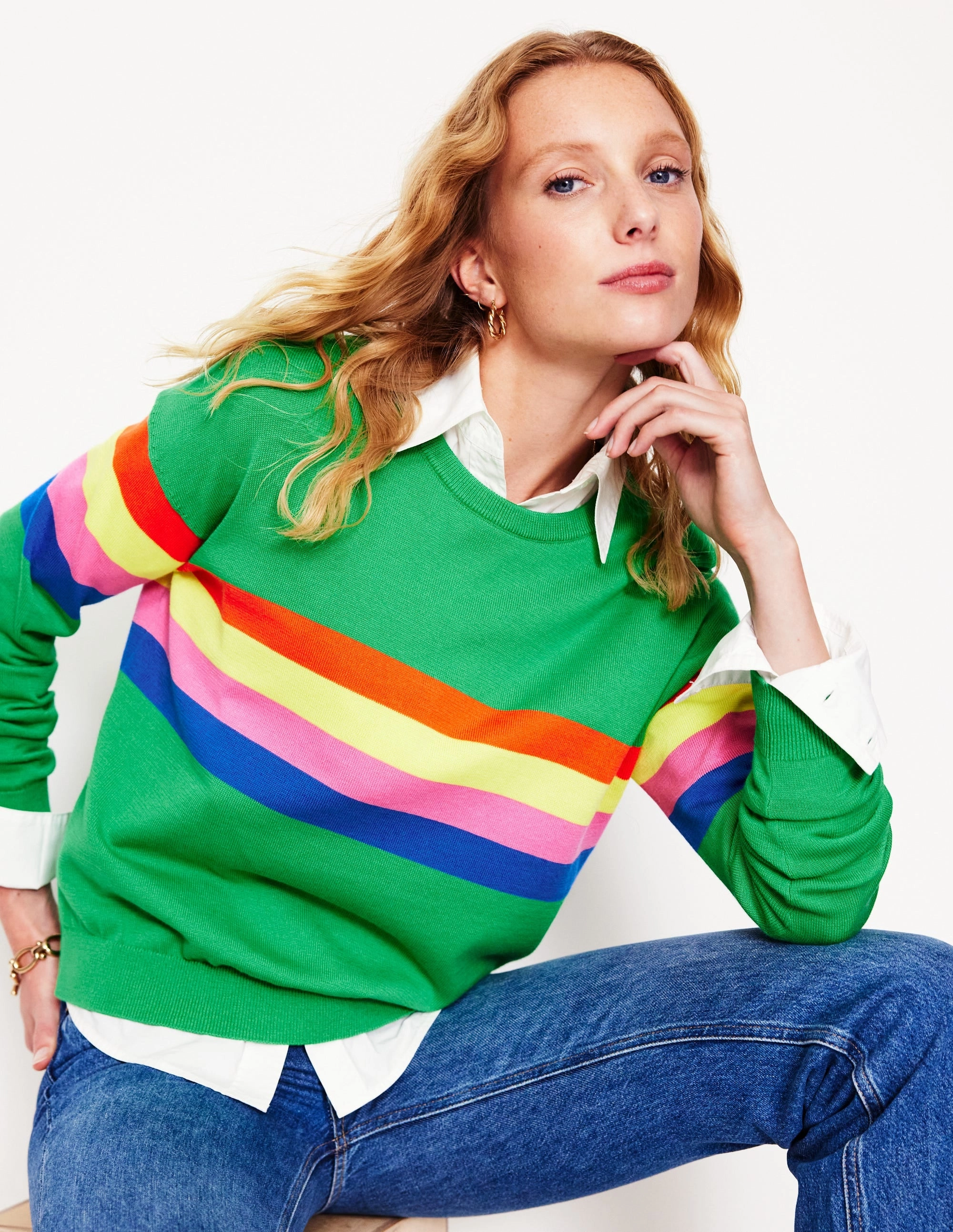 Lara Relaxed Cotton Jumper-Bright Green Chest Stripe Breathable Honeycomb Weave
