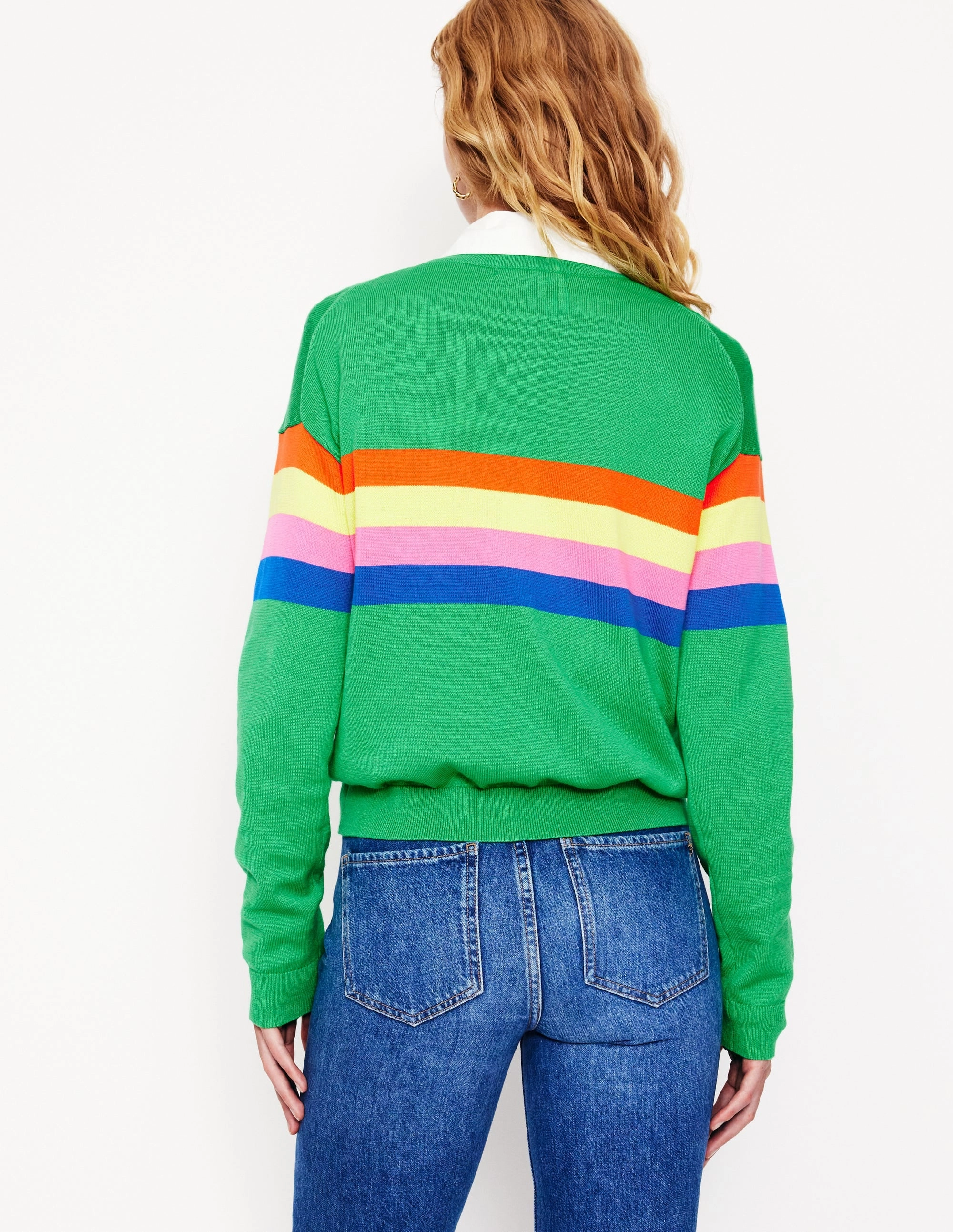Modern Texture Layered Stitch Details Lara Relaxed Cotton Jumper-Bright Green Chest Stripe