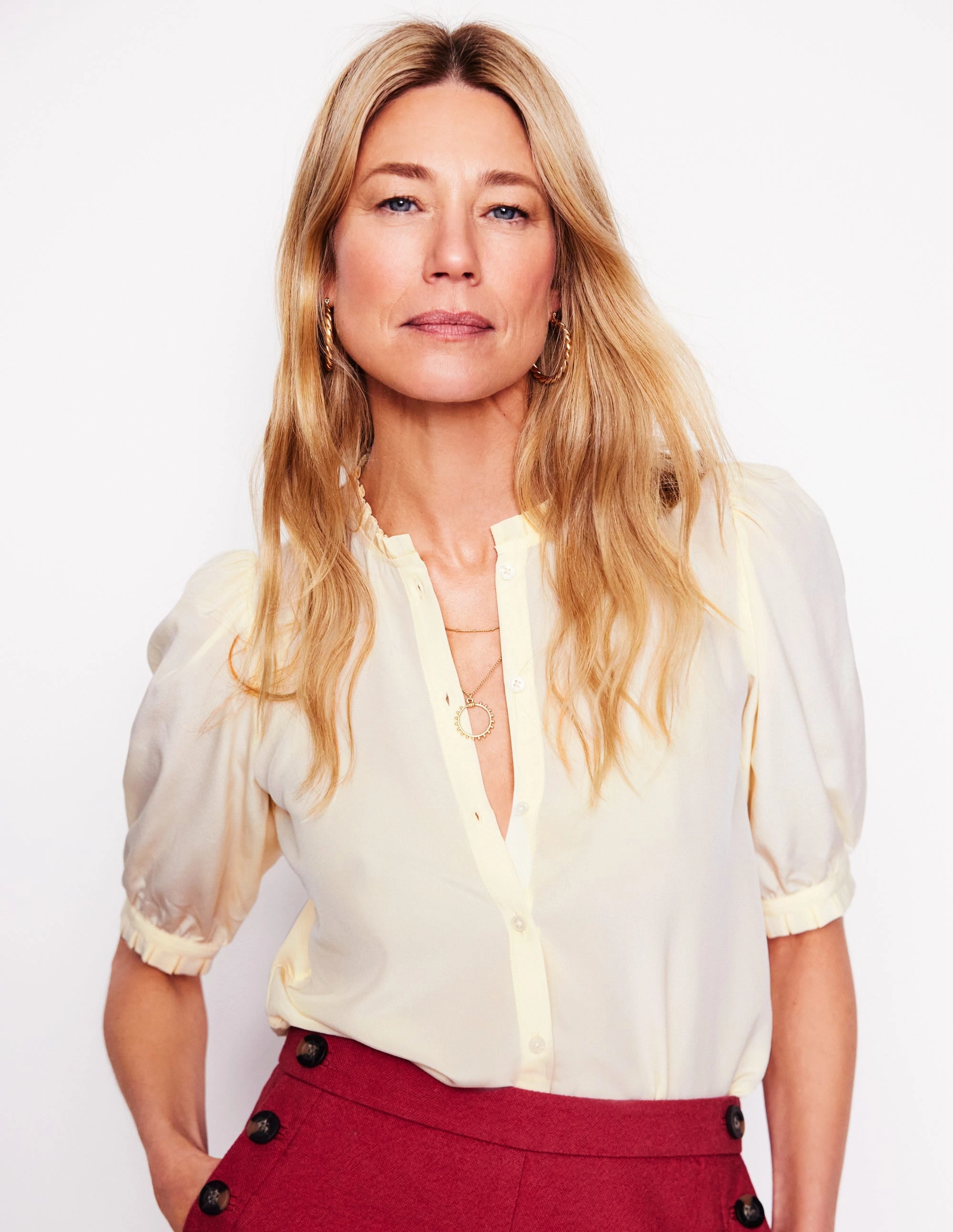 Non Fading Material Frill Detail Silk Top-Ivory