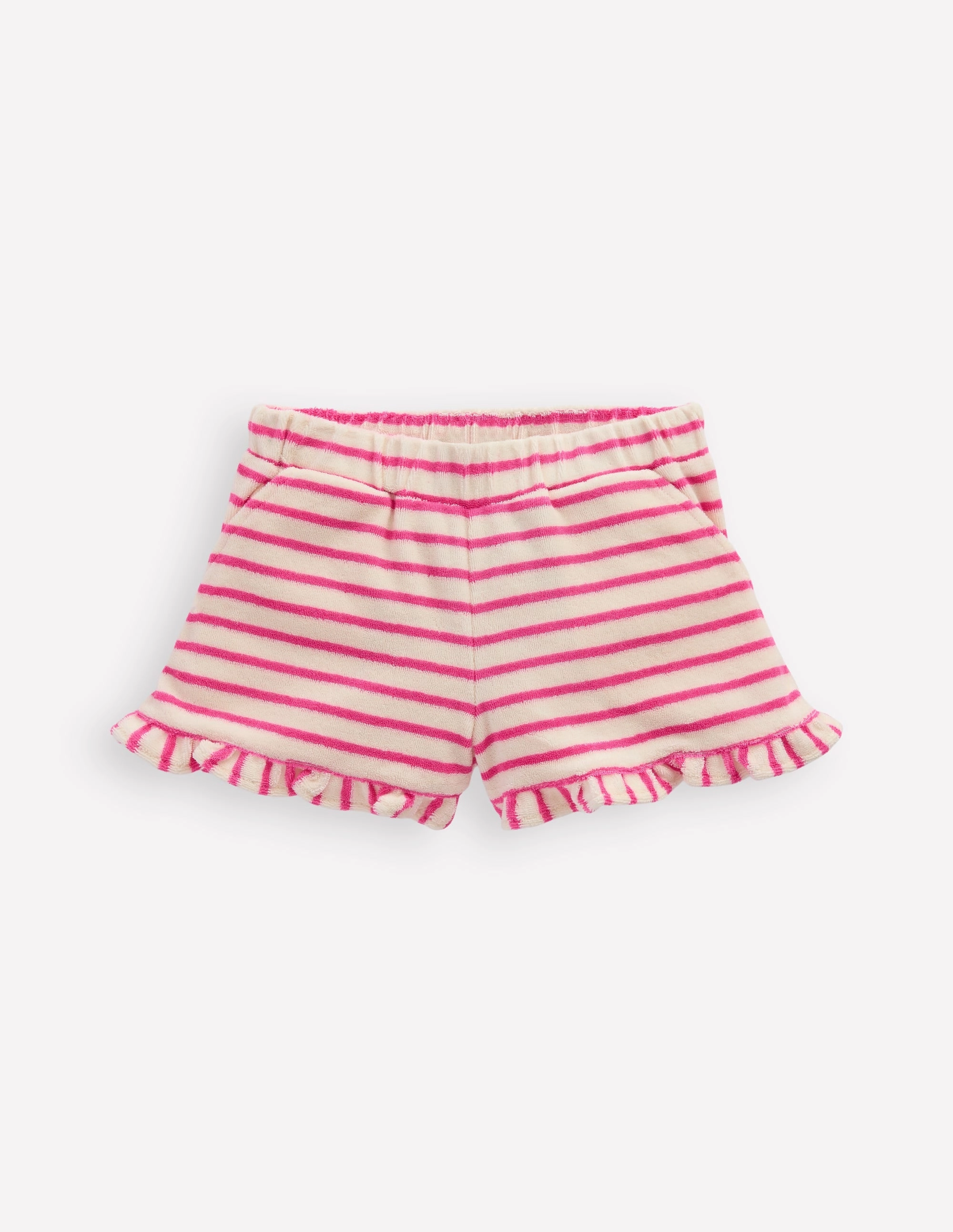Playful Style Frill Hem Towelling Shorts-Sorbet Pink/ Ivory Stripe
