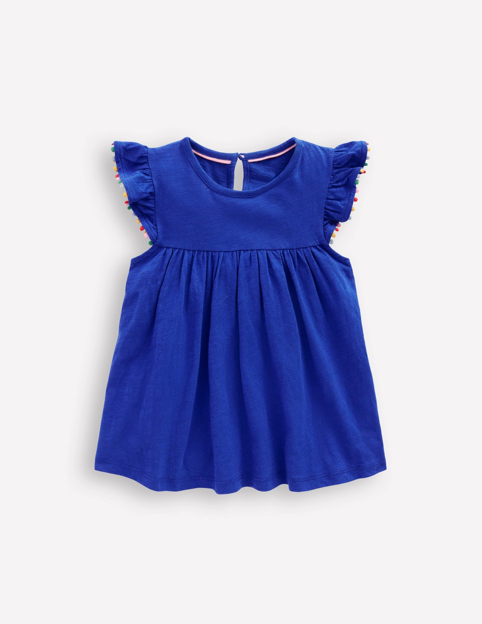 Frill Sleeve Pom Top-Bright Blue Trendy Comfort