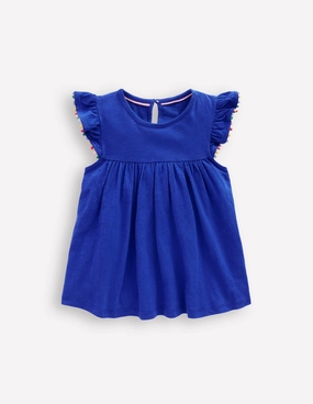 Frill Sleeve Pom Top-Bright Blue Trendy Comfort