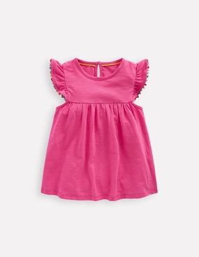 Frill Sleeve Pom Top-Flamingo Pink budget-friendly