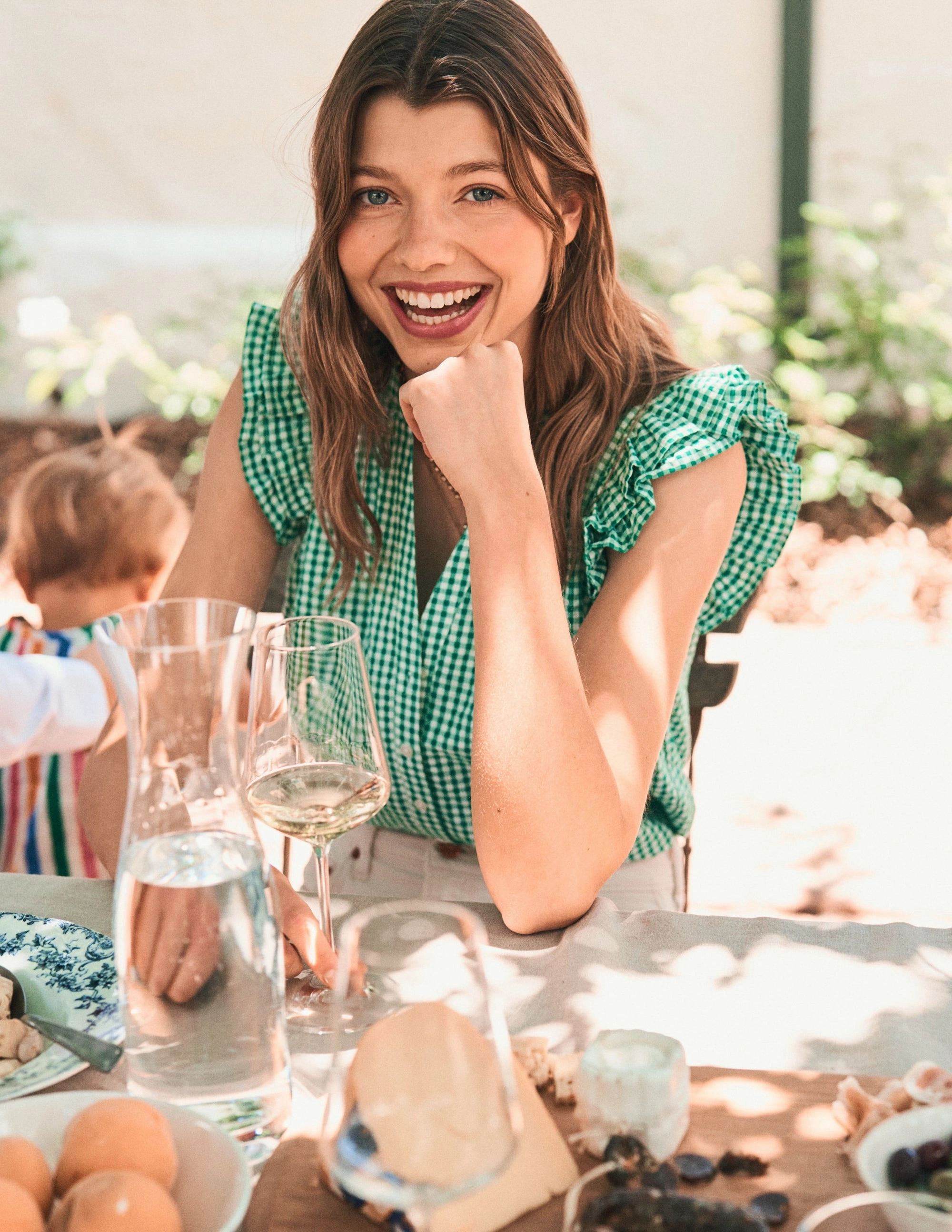 Sun Protection Natural Fiber Blend Frill Sleeve Seersucker Top-Rich Emerald Micro Gingham