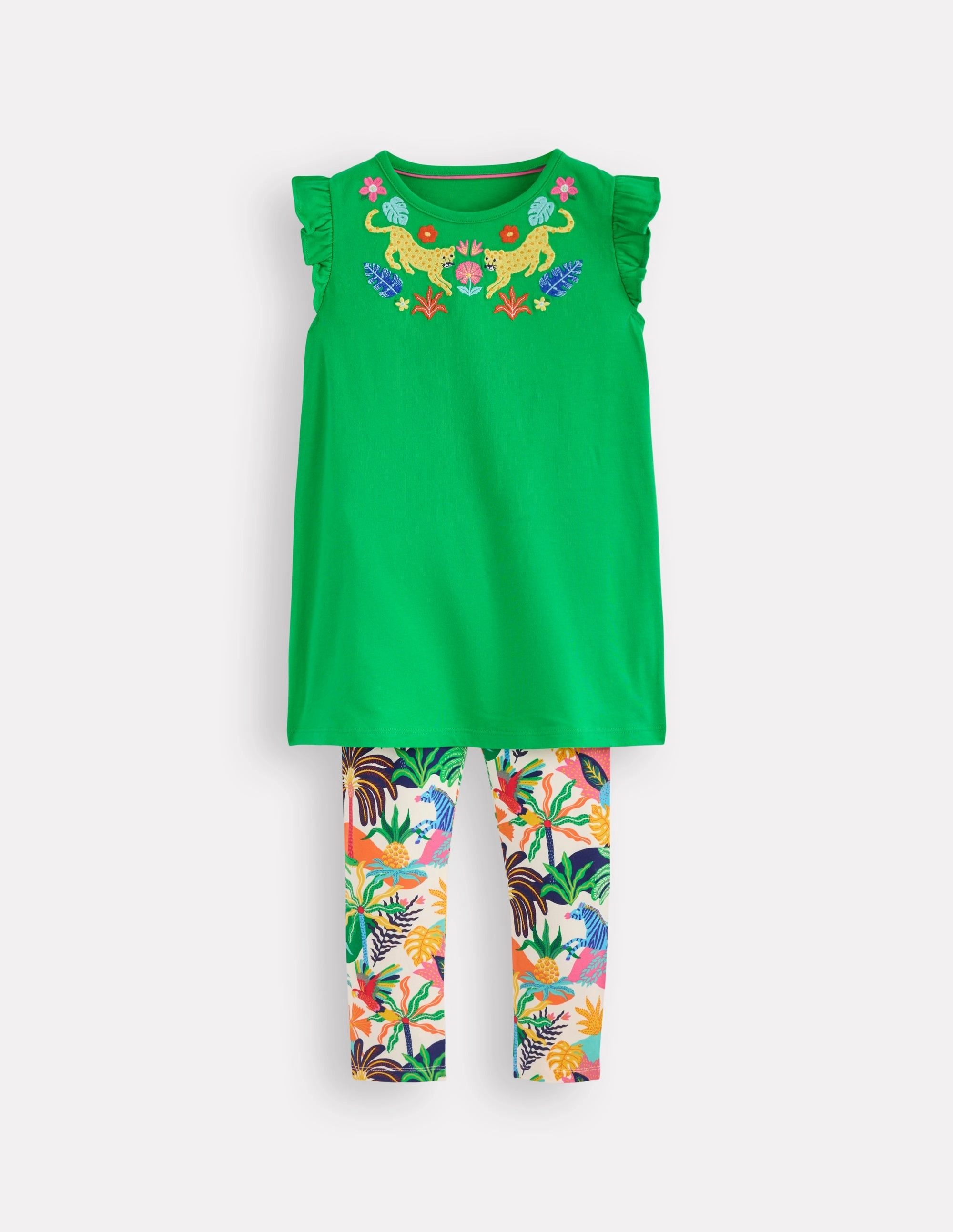 Frill Sleeve Tunic Set-Sapling Green Embroidery Cycling endurance