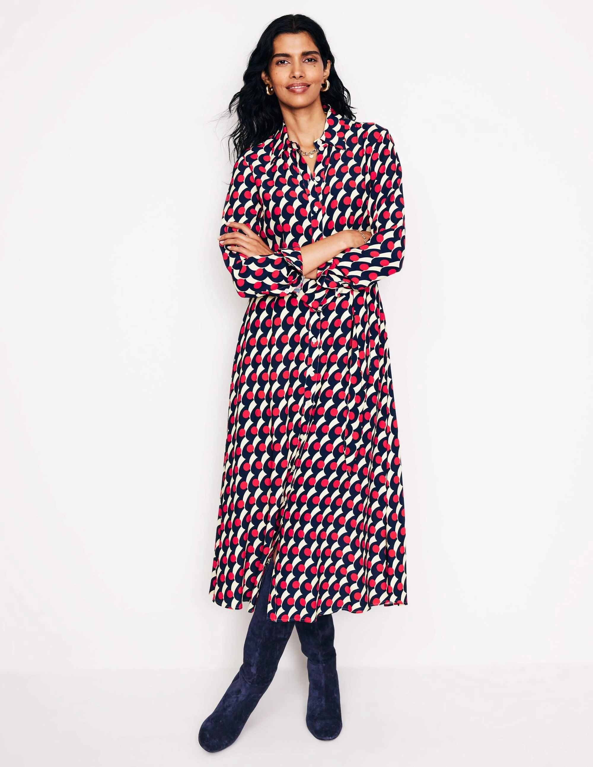 Kate Midi Shirt Dress-Red, Polka Wave Lounge Texture