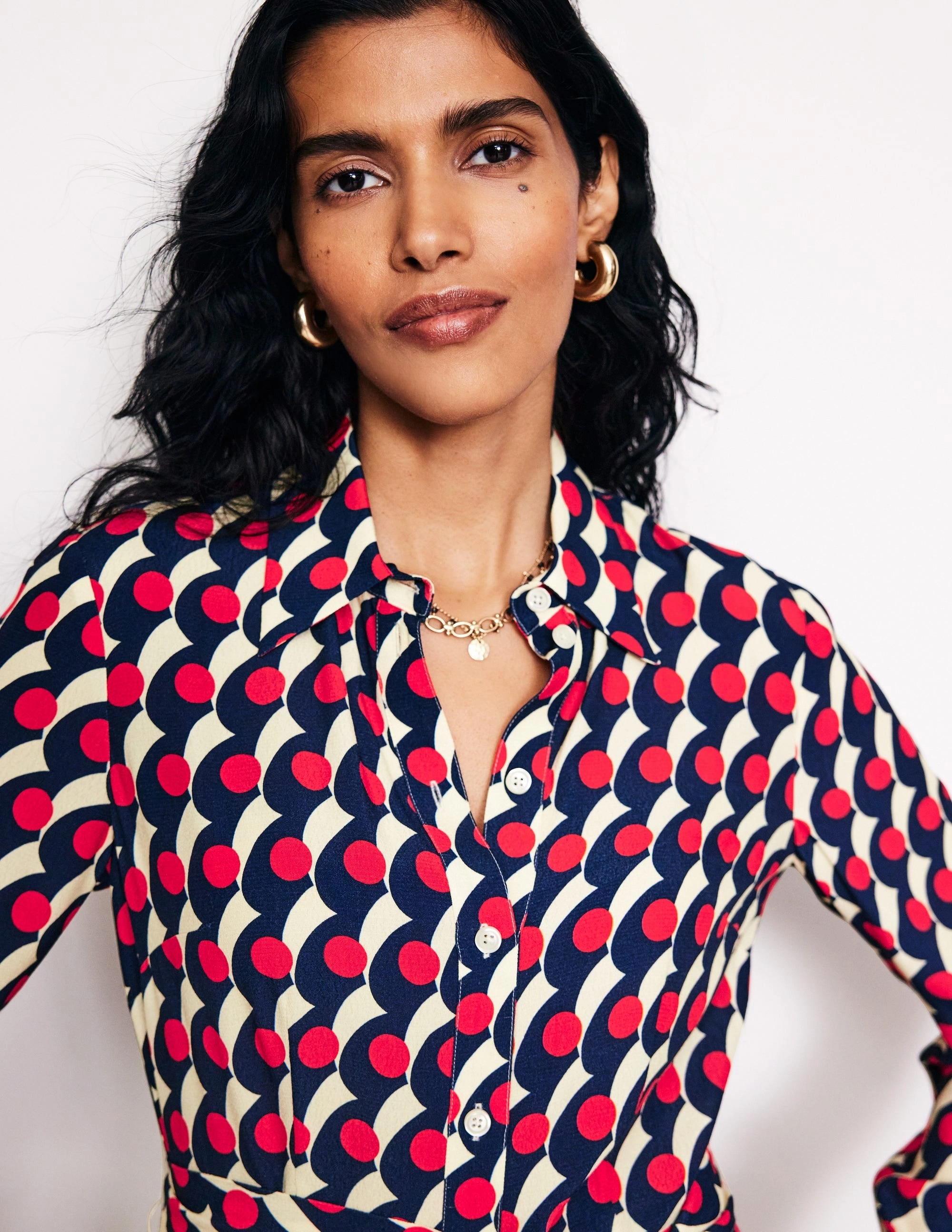 Kate Midi Shirt Dress-Red, Polka Wave Daily Essential Insulating-Lining