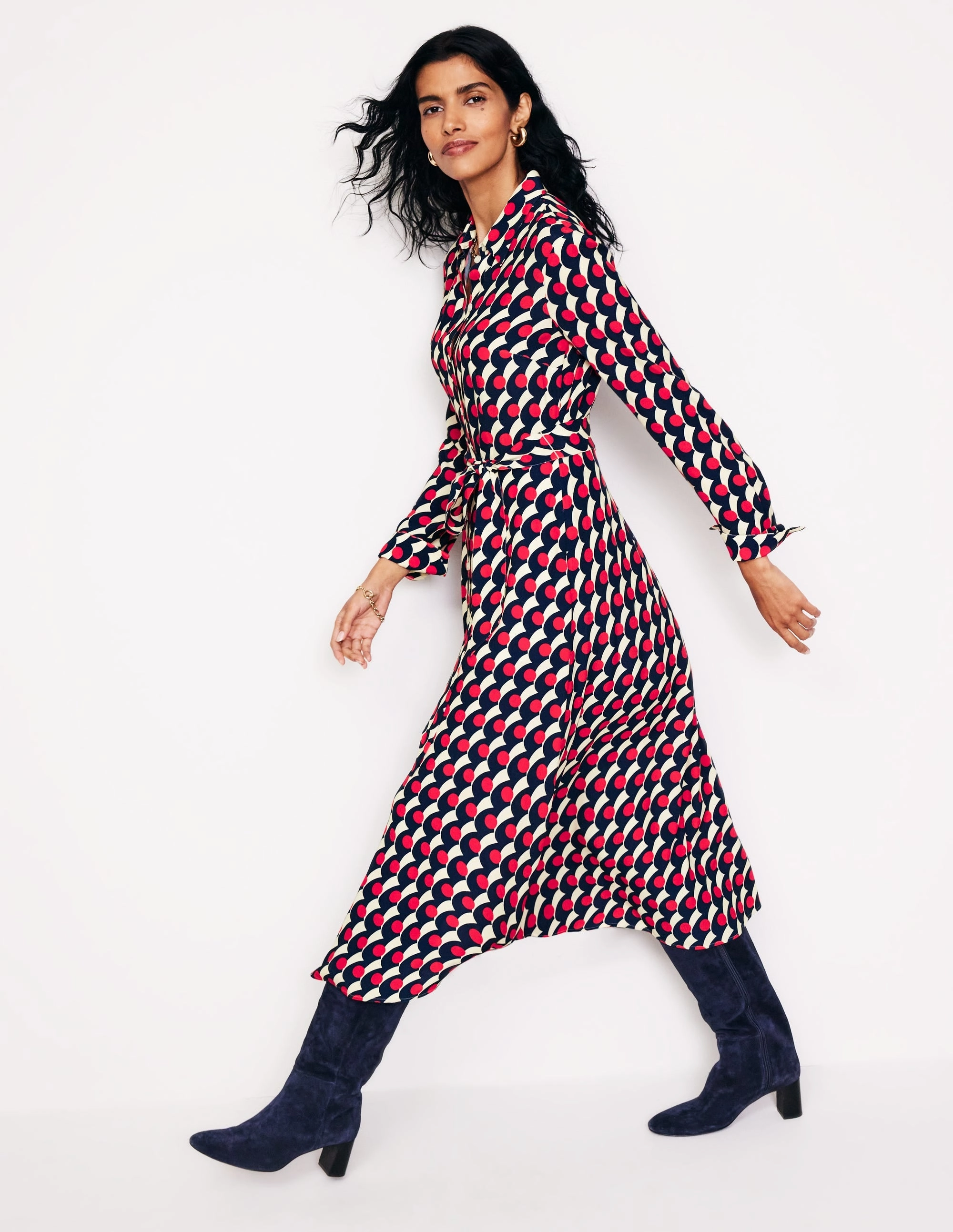 Flattering Shape Design Kate Midi Shirt Dress-Red, Polka Wave