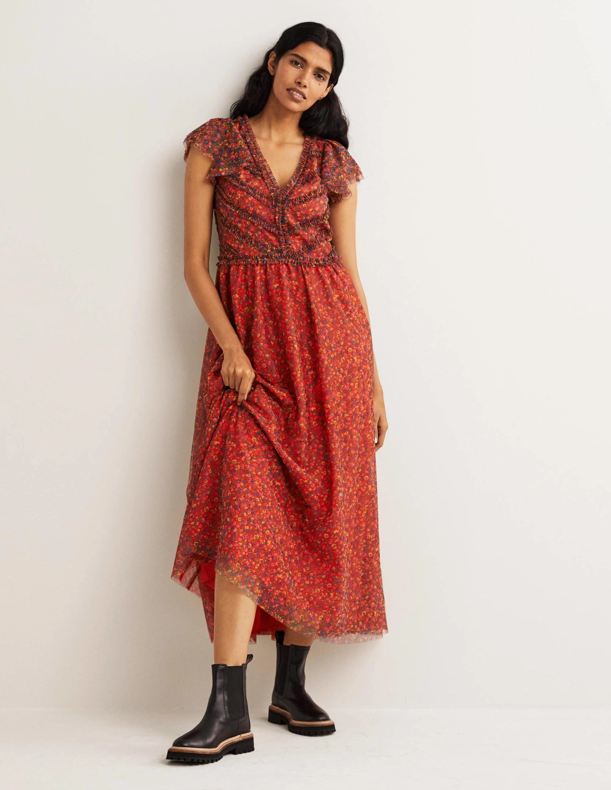 Day Outfit Tulle V-Neck Maxi Party Dress-Rocket Red, Floral Terrace