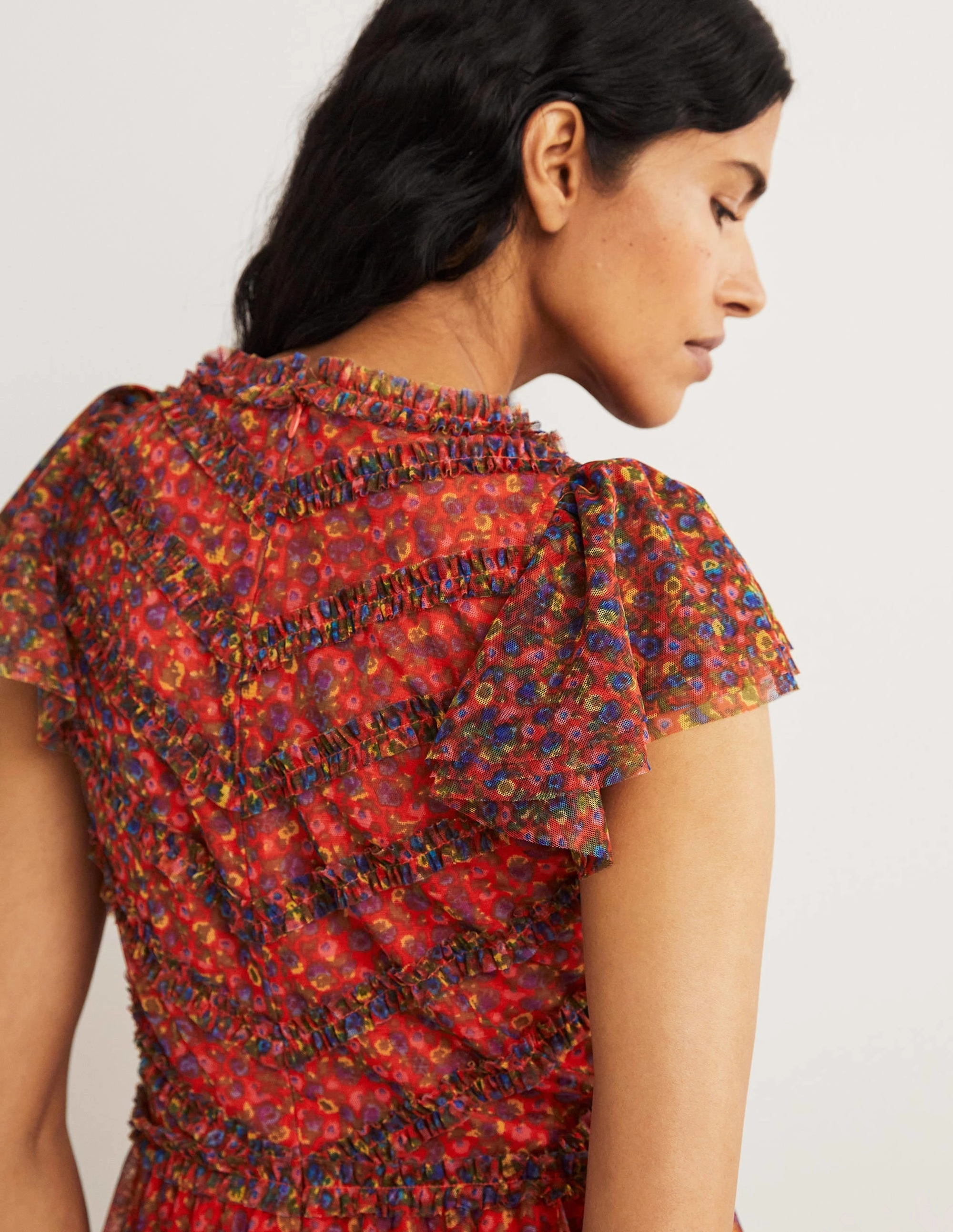 Tulle V-Neck Maxi Party Dress-Rocket Red, Floral Terrace Built-In-Slip Calm Shine