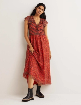 Day Outfit Tulle V-Neck Maxi Party Dress-Rocket Red, Floral Terrace