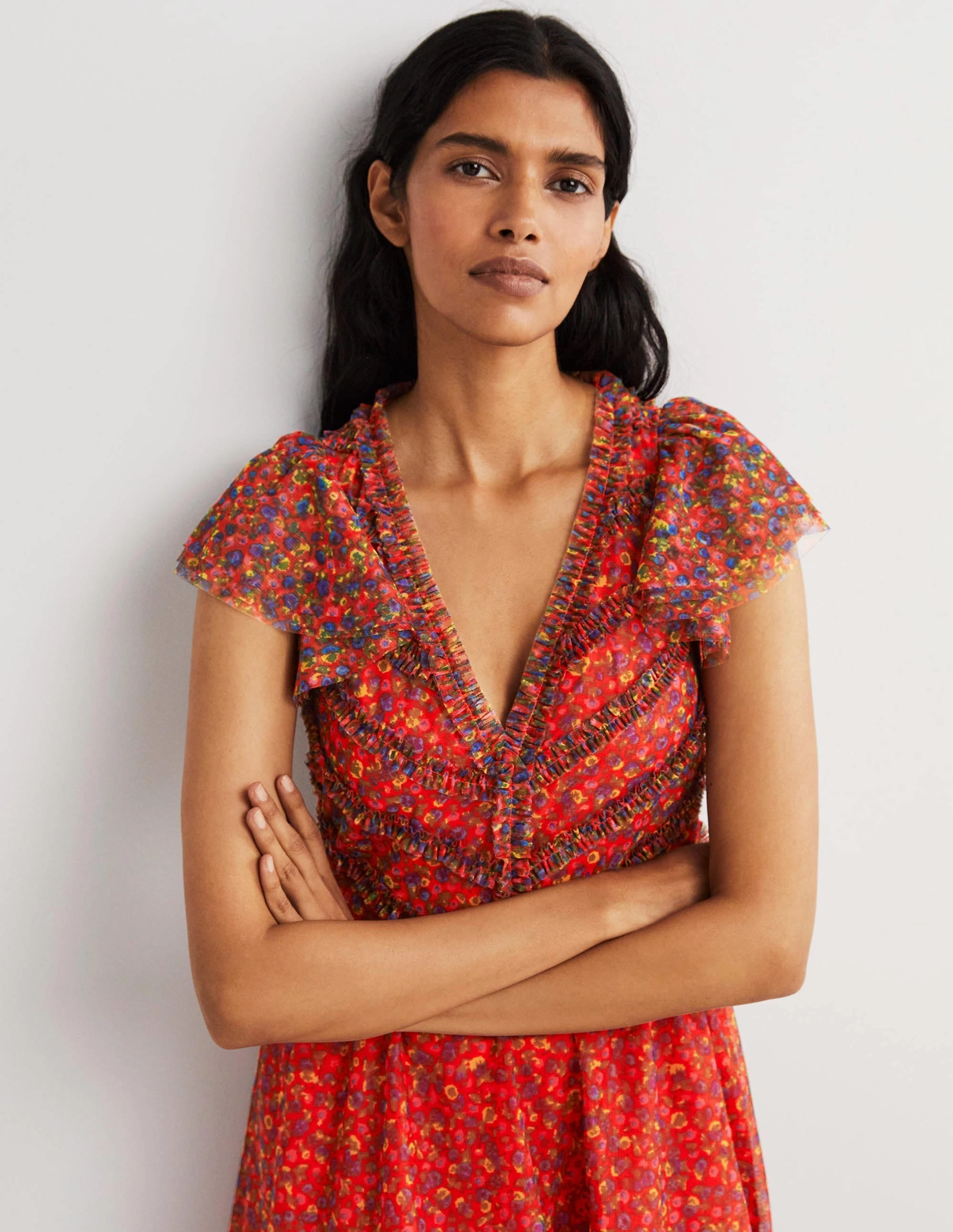 Casual Edge Mixed Fabric Tulle V-Neck Maxi Party Dress-Rocket Red, Floral Terrace