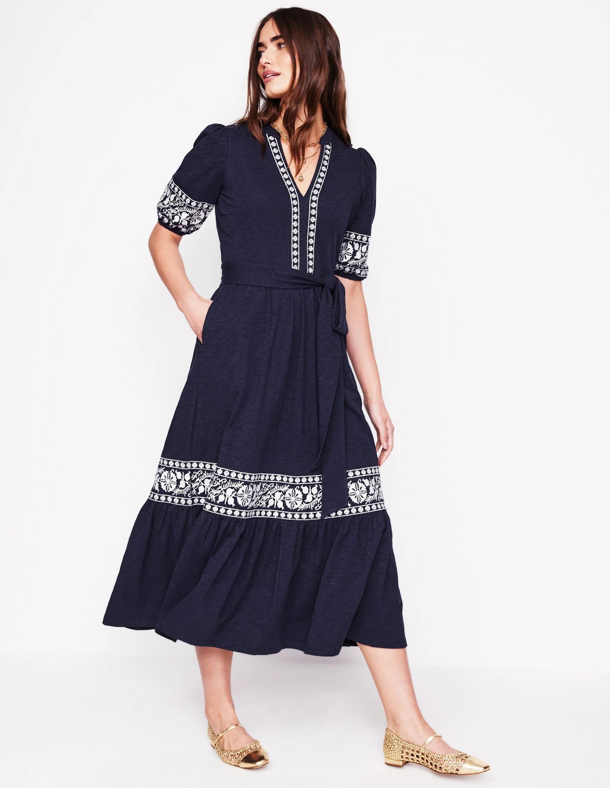 Amara Embroidered Jersey Dress-Navy Embroidery Poised Vibe