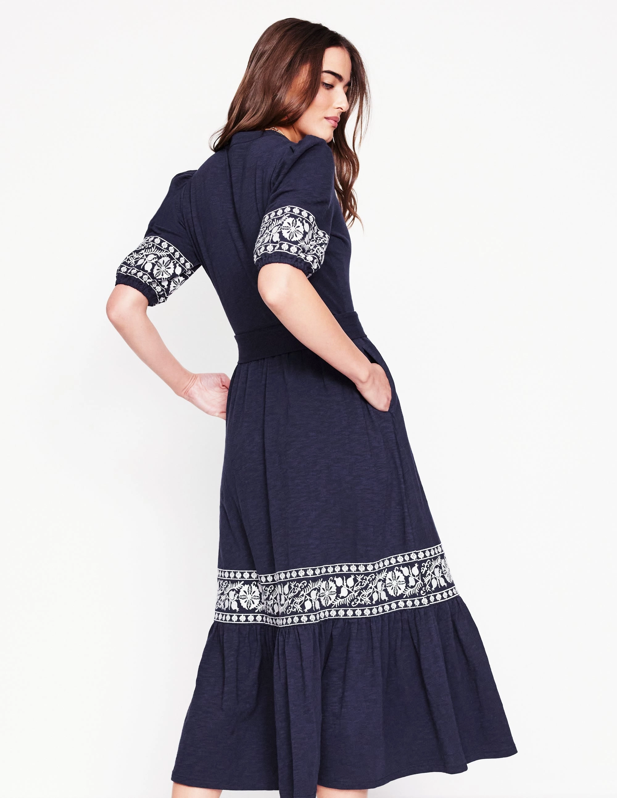 Wrap style Smart Tones Amara Embroidered Jersey Dress-Navy Embroidery