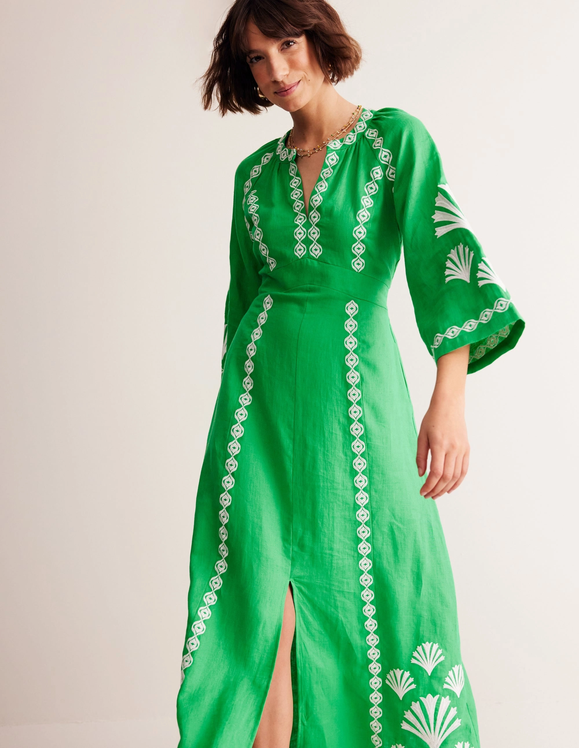 Soft Hue Versatile and Comfortable Una Linen Embroidered Dress-Bright Green