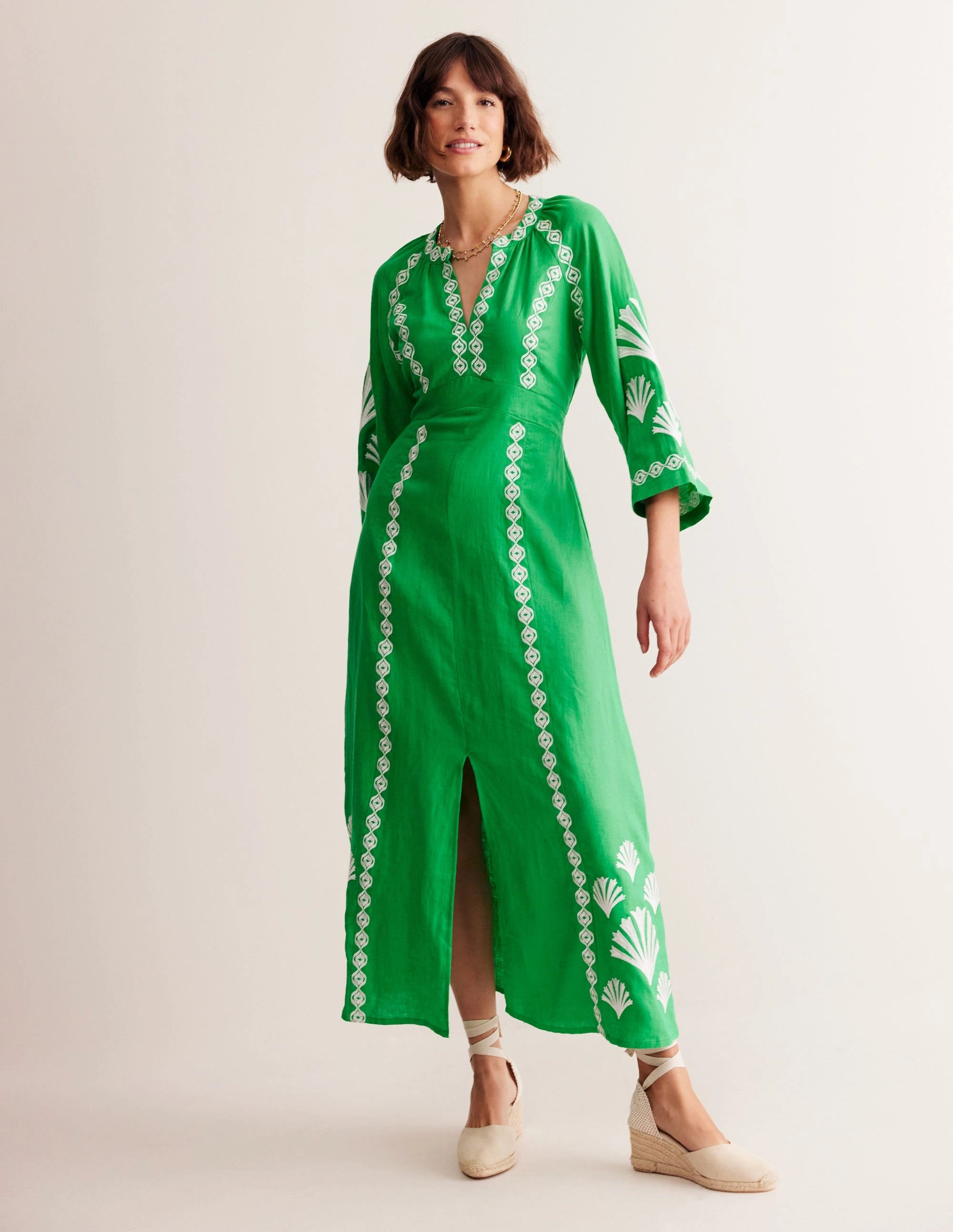 Fashion Look Una Linen Embroidered Dress-Bright Green