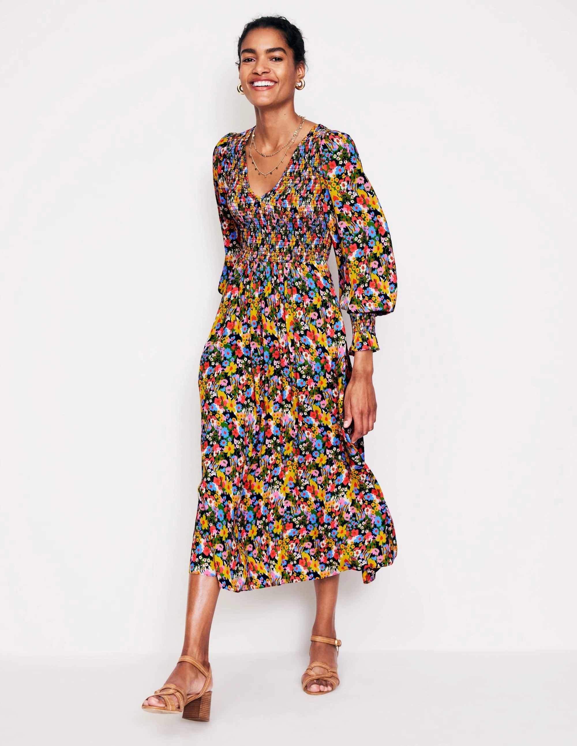 Bare Arm Brunch Outfit Gemma Smocked Midi Dress-Kale, Meadow Pop