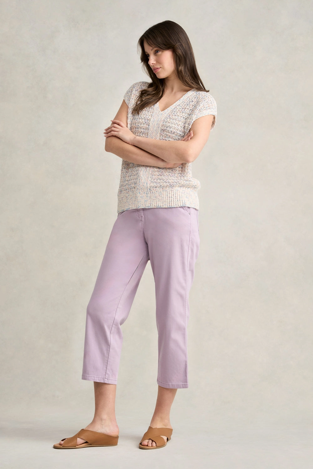 Low Profile Collar Tape Yarn Knit Top - Cream Multi Fleck