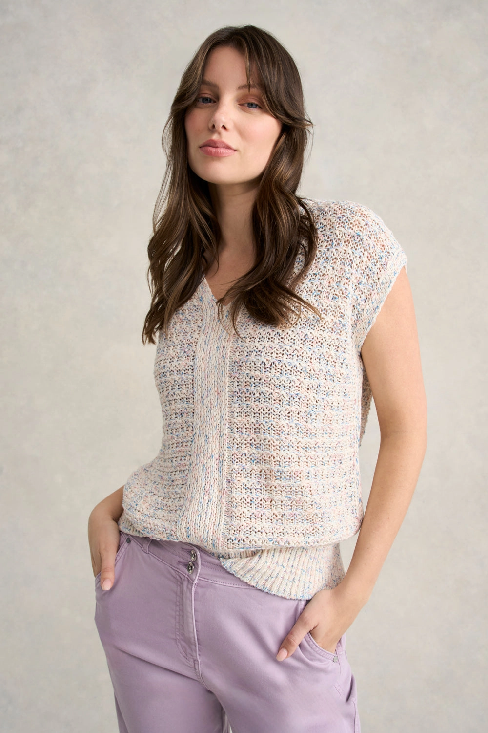 Stretchable Waistband Tape Yarn Knit Top - Cream Multi Fleck