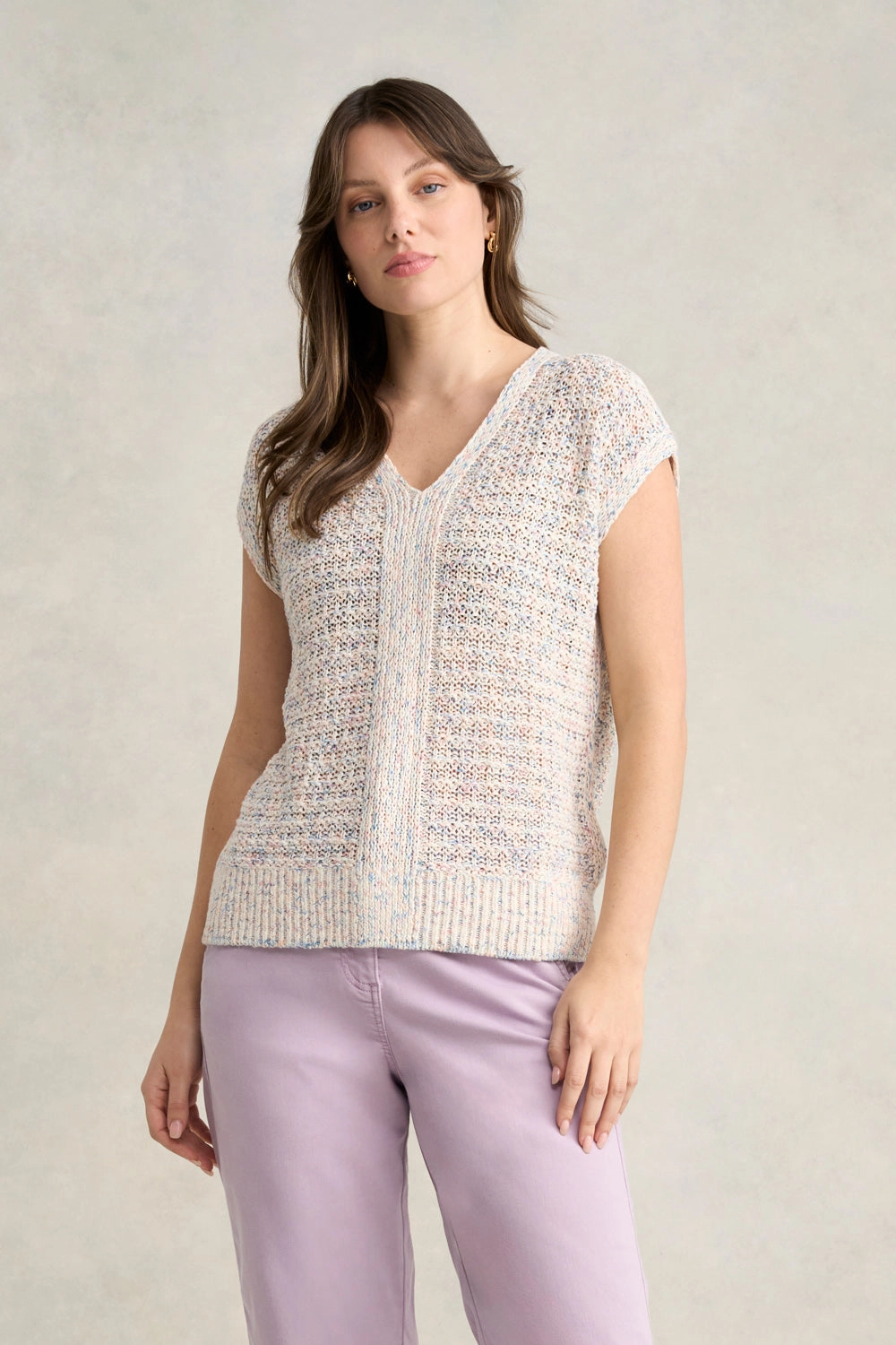 WrinkleResistantTextile RawEdgedDesign Tape Yarn Knit Top - Cream Multi Fleck