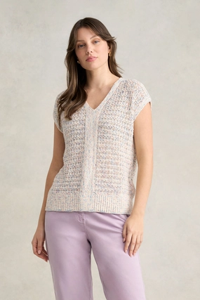 WrinkleResistantTextile RawEdgedDesign Tape Yarn Knit Top - Cream Multi Fleck